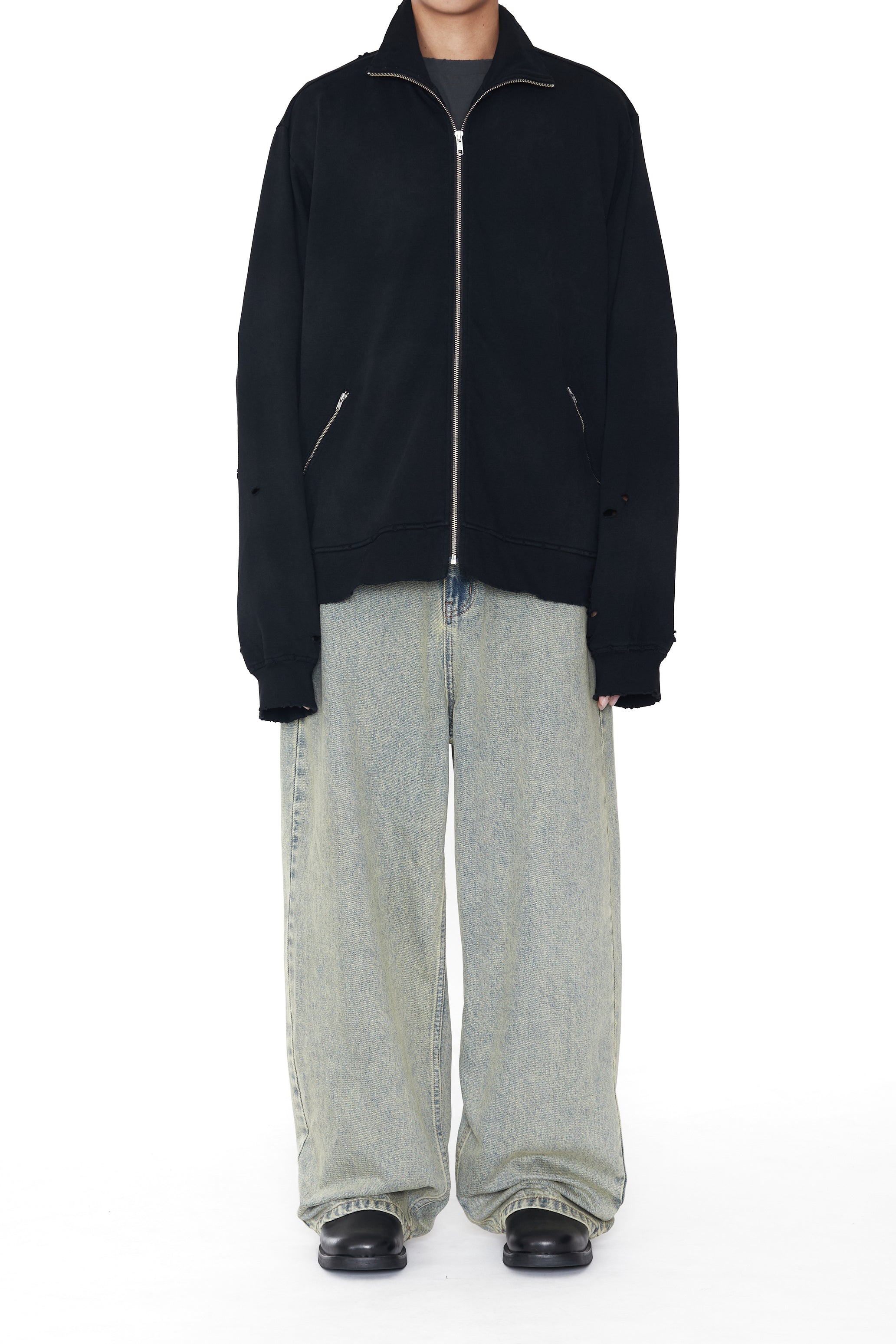 BLACK WASHED AGING DESTROYED ZIP JACKET