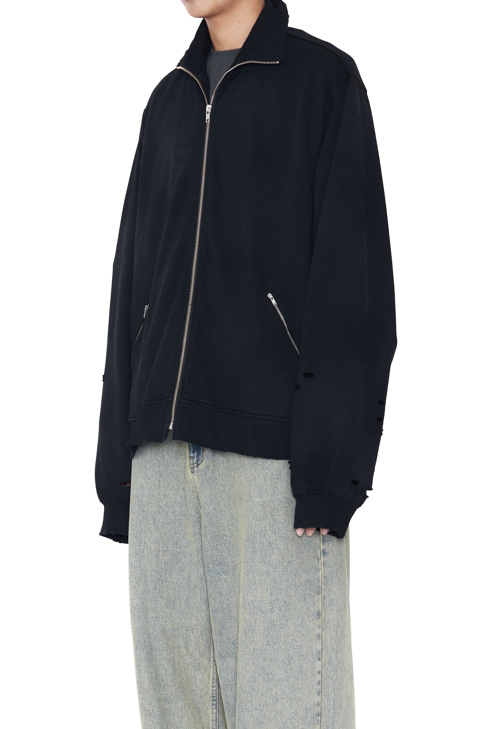 BLACK WASHED AGING DESTROYED ZIP JACKET