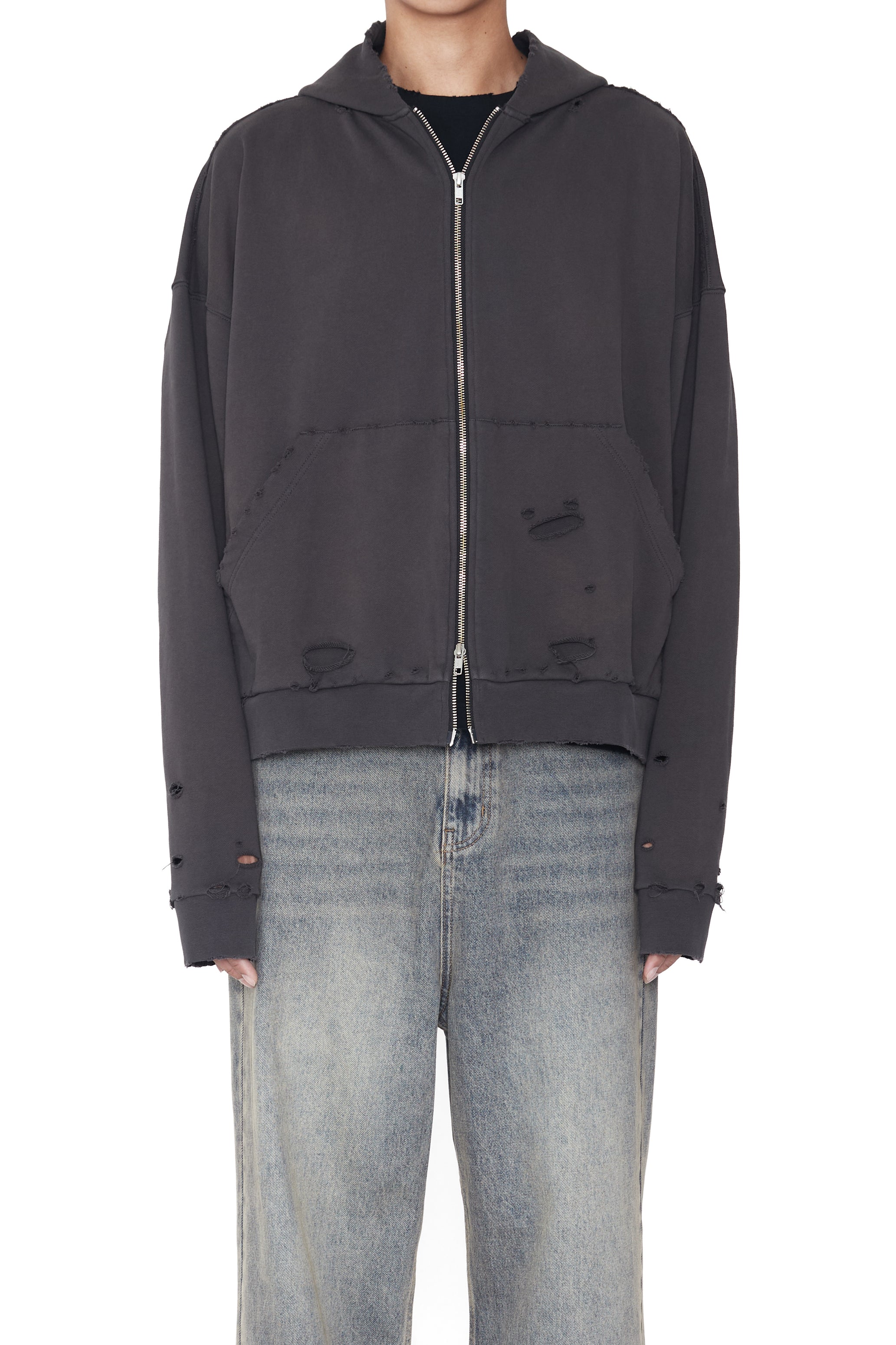 GREY WASHED AGING DESTROYED ZIP UP HOODIE