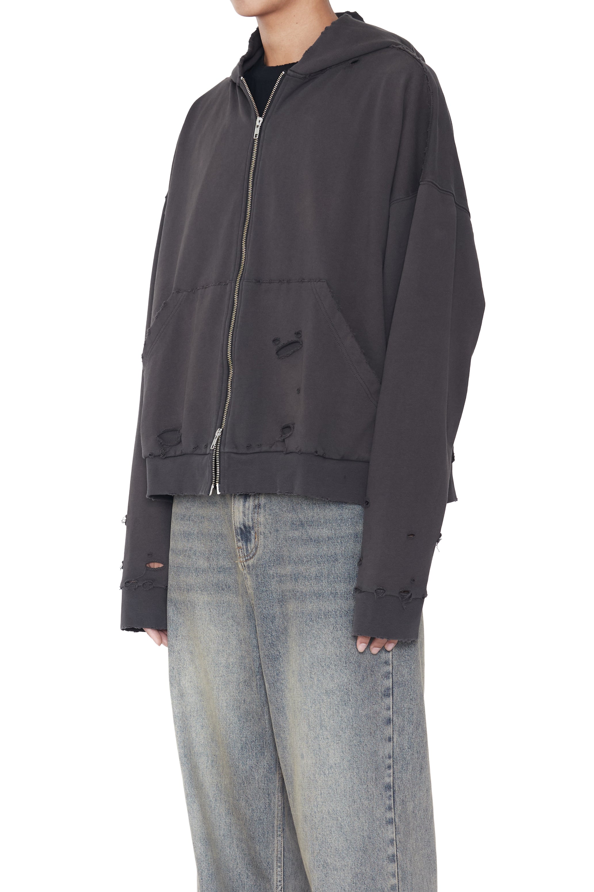 GREY WASHED AGING DESTROYED ZIP UP HOODIE