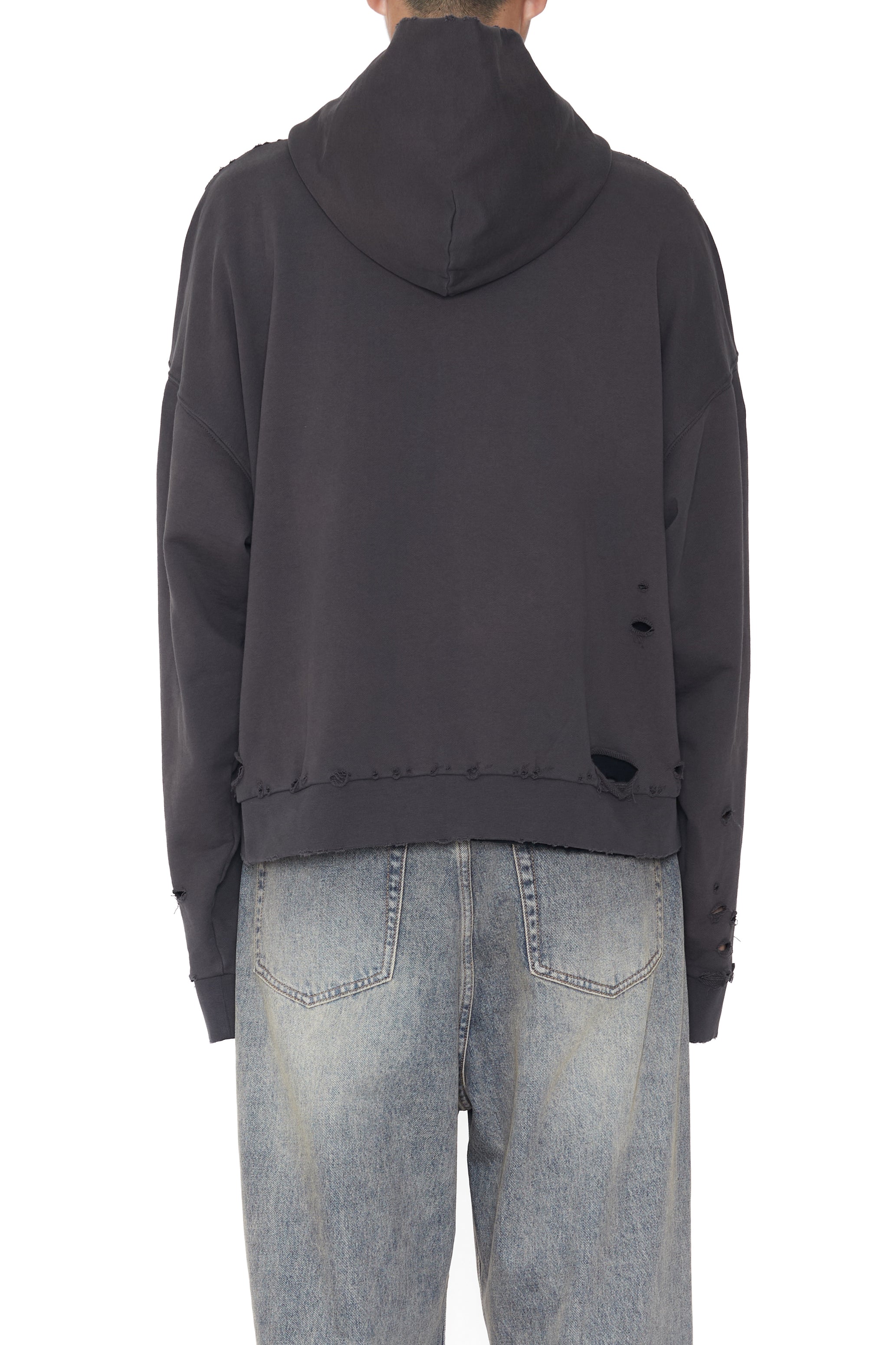 GREY WASHED AGING DESTROYED ZIP UP HOODIE