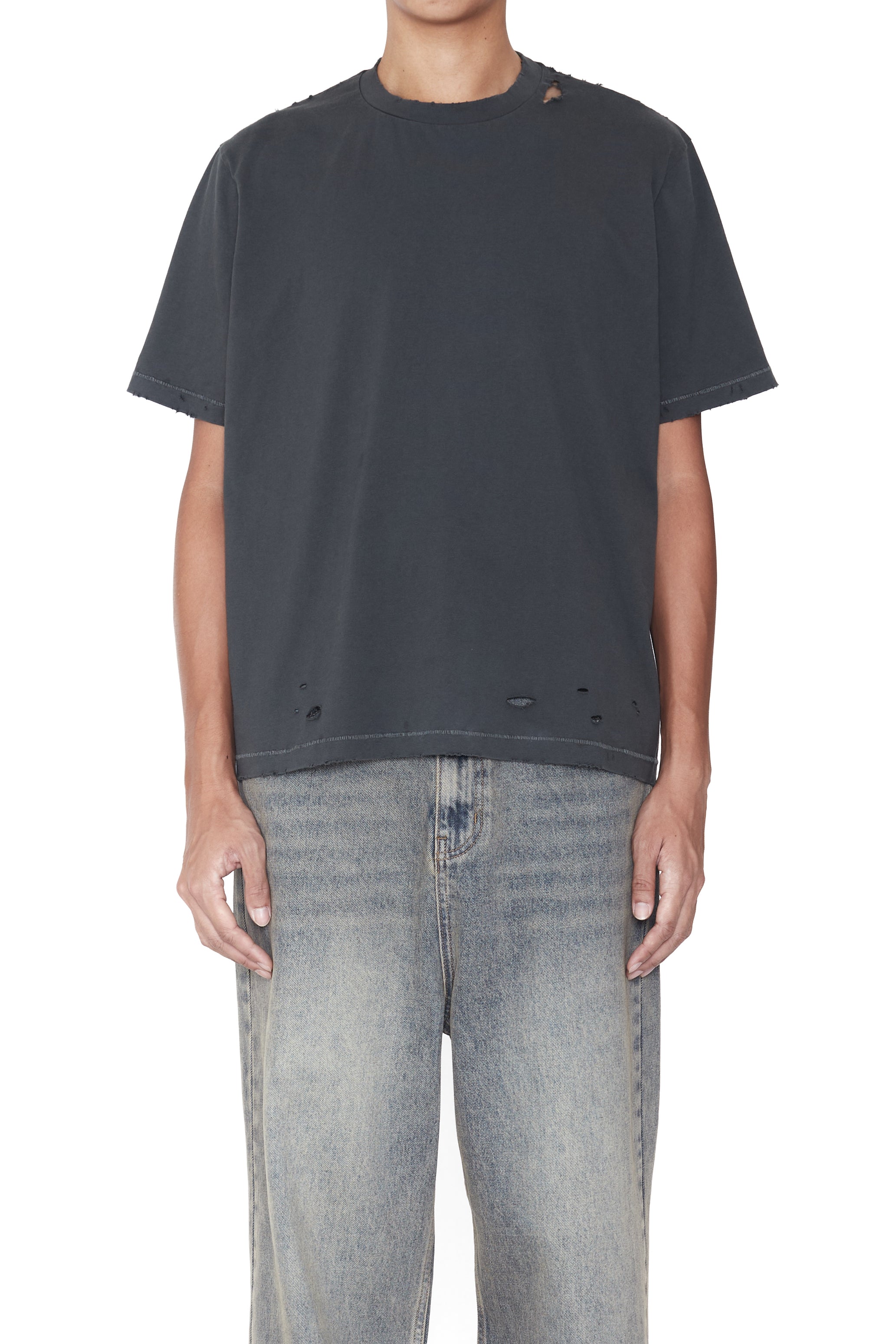 GREY DAMAGED CROPPED SHORT SLEEVE T-SHIRT