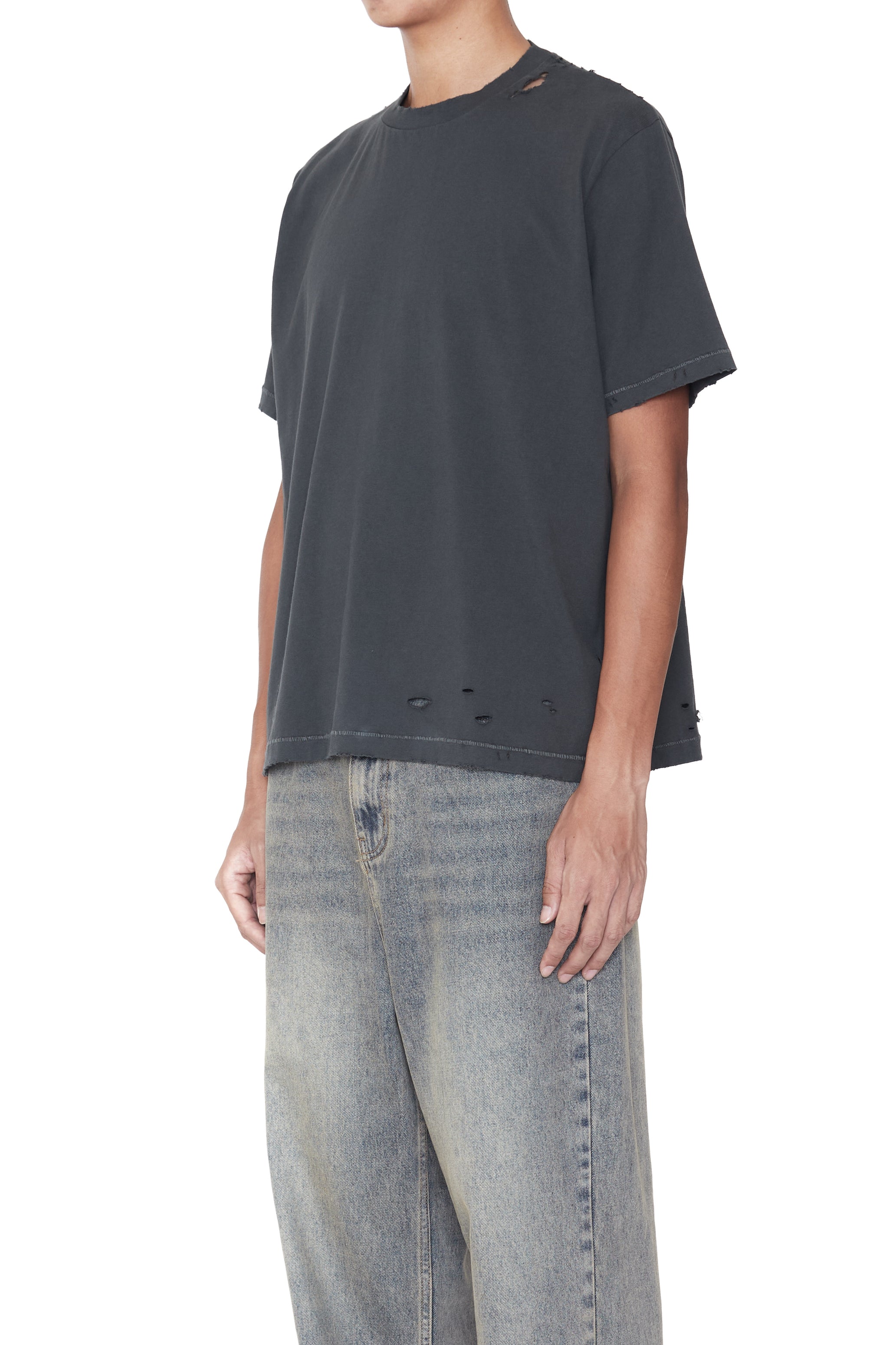 GREY DAMAGED CROPPED SHORT SLEEVE T-SHIRT