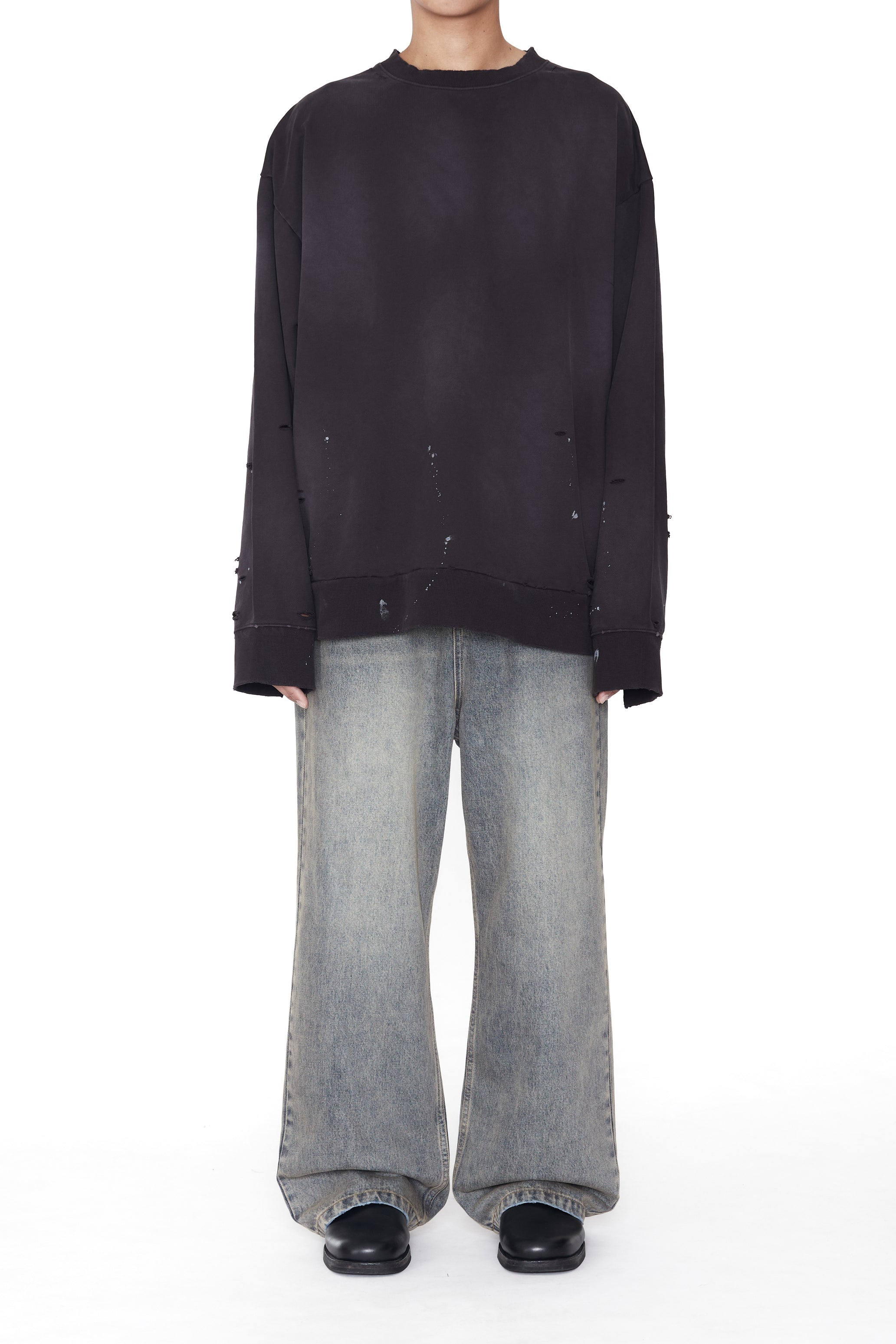BLACK WASHED AGING BLEACHED DESTROYED SWEATSHIRT