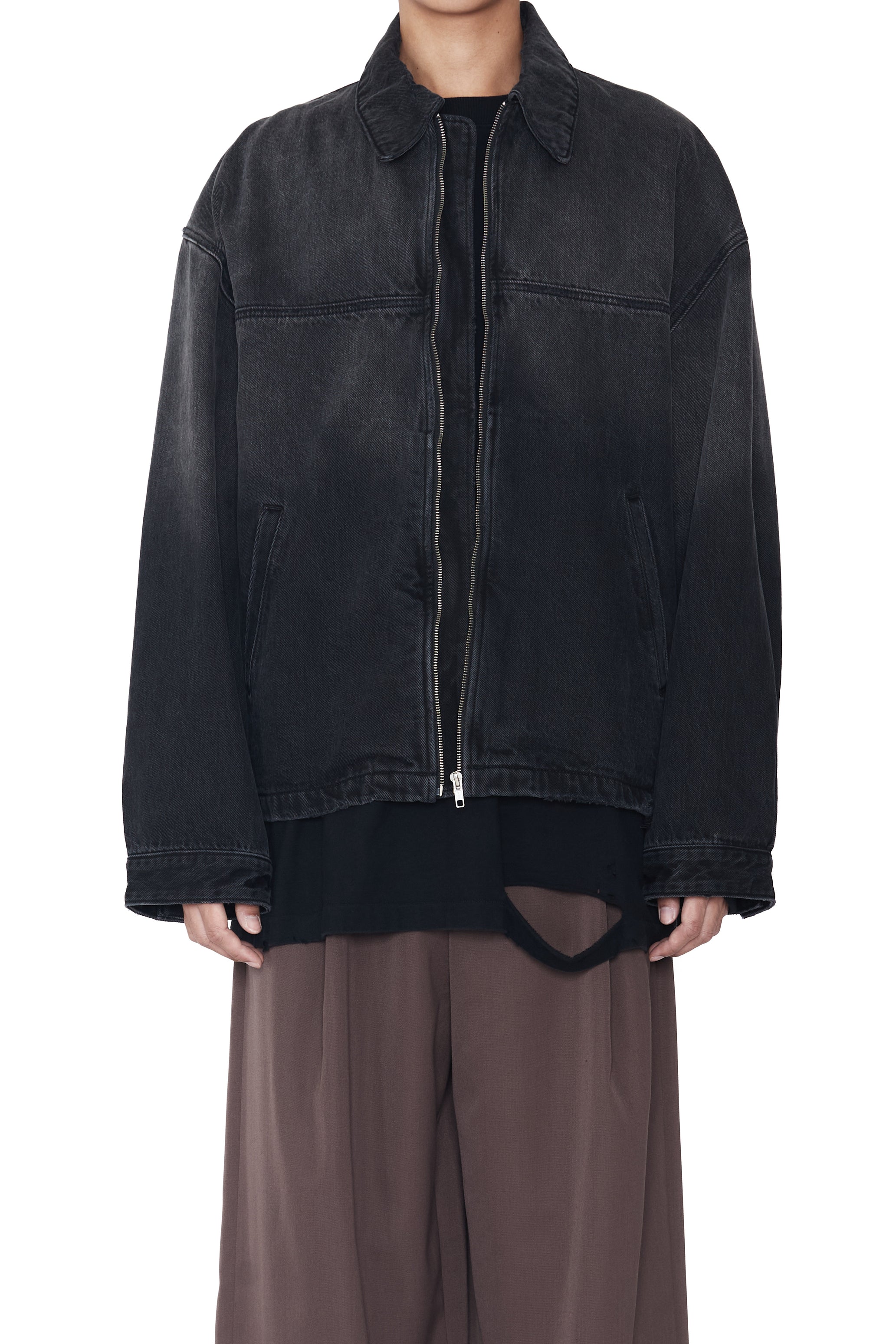 BLACK WASHED DISTRESSED DENIM SLANT JACKET