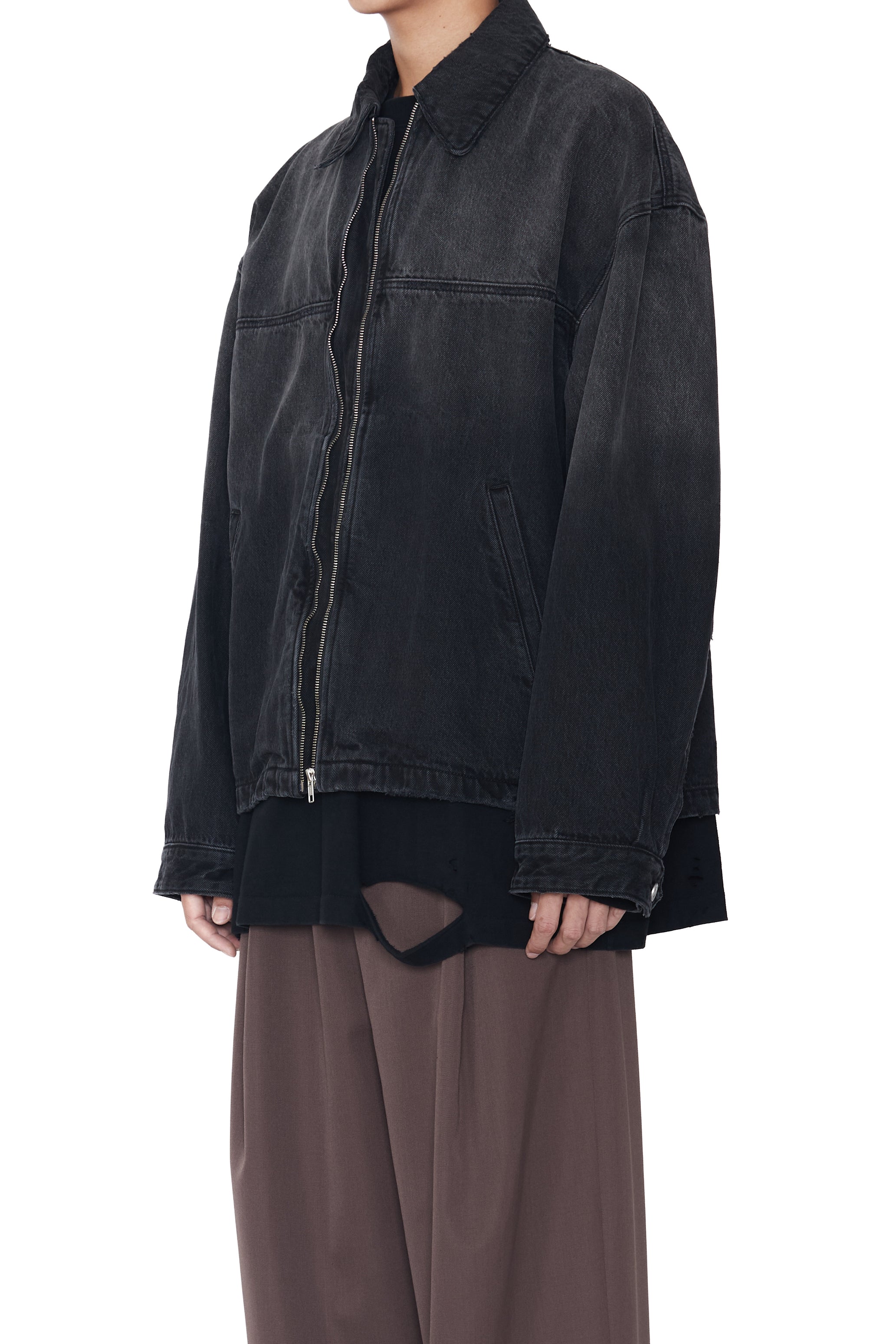 BLACK WASHED DISTRESSED DENIM SLANT JACKET