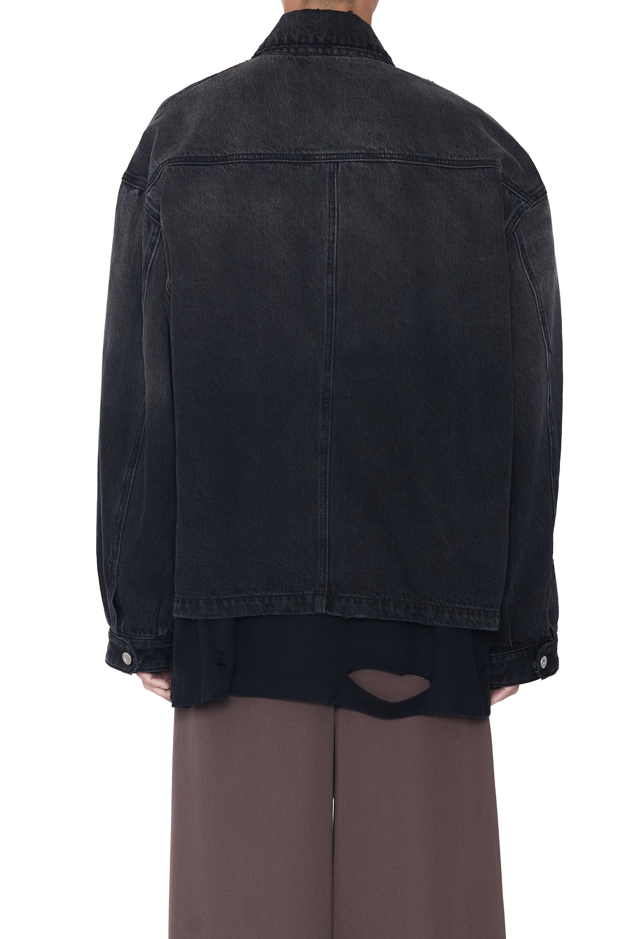 BLACK WASHED DISTRESSED DENIM SLANT JACKET