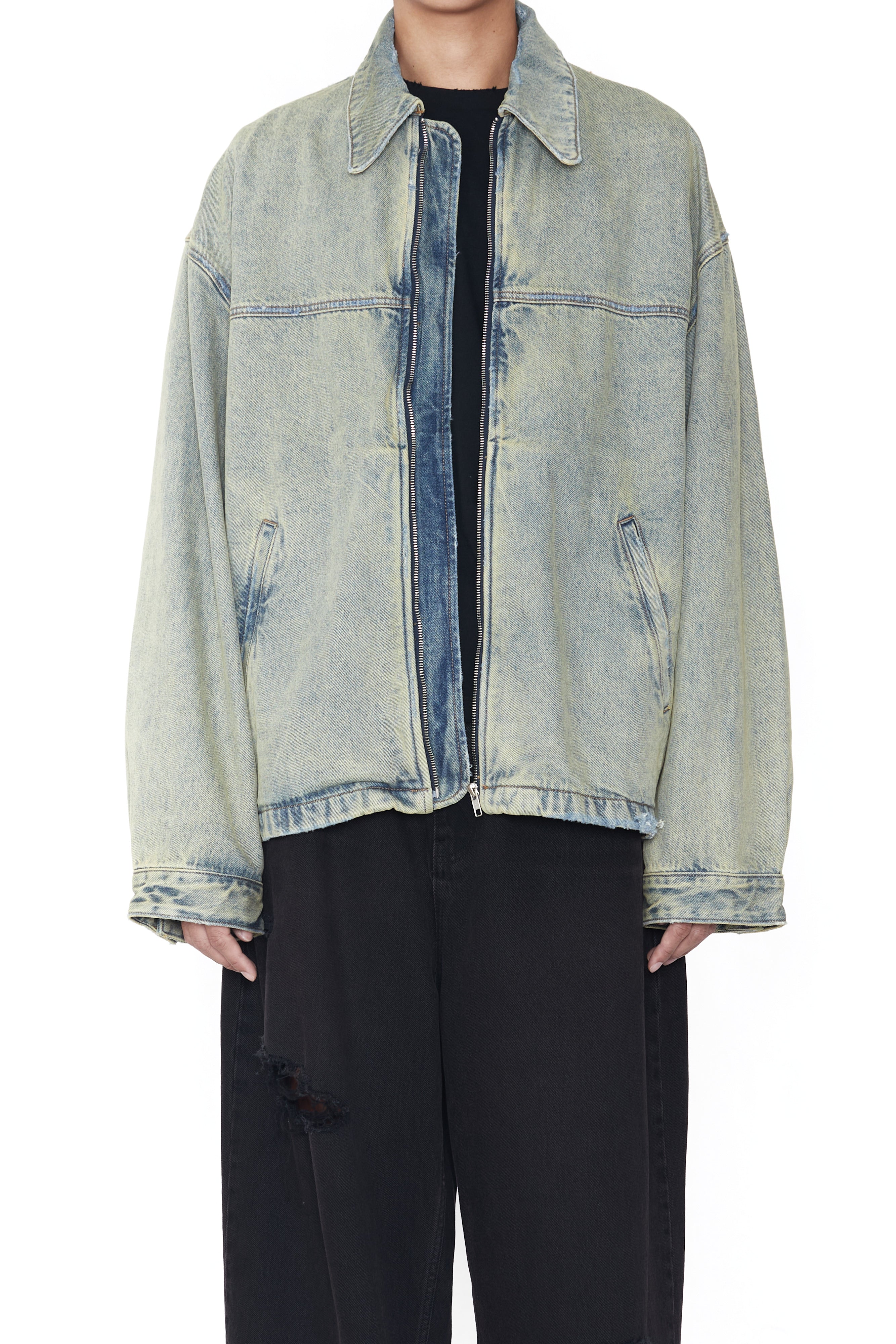 Load image into Gallery viewer, INDIGO ACID WASHED DISTRESSED DENIM SLANT JACKET
