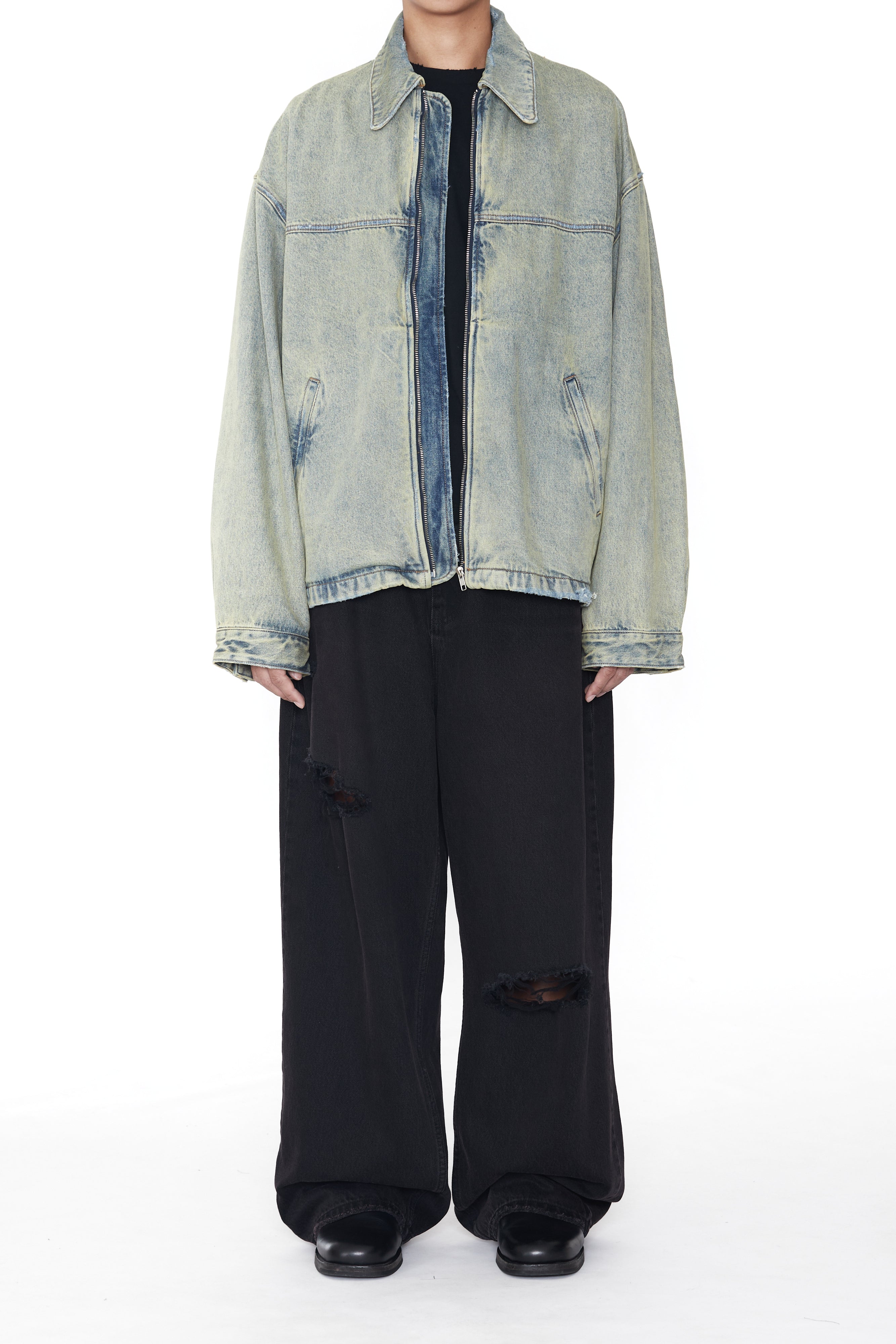 Load image into Gallery viewer, INDIGO ACID WASHED DISTRESSED DENIM SLANT JACKET