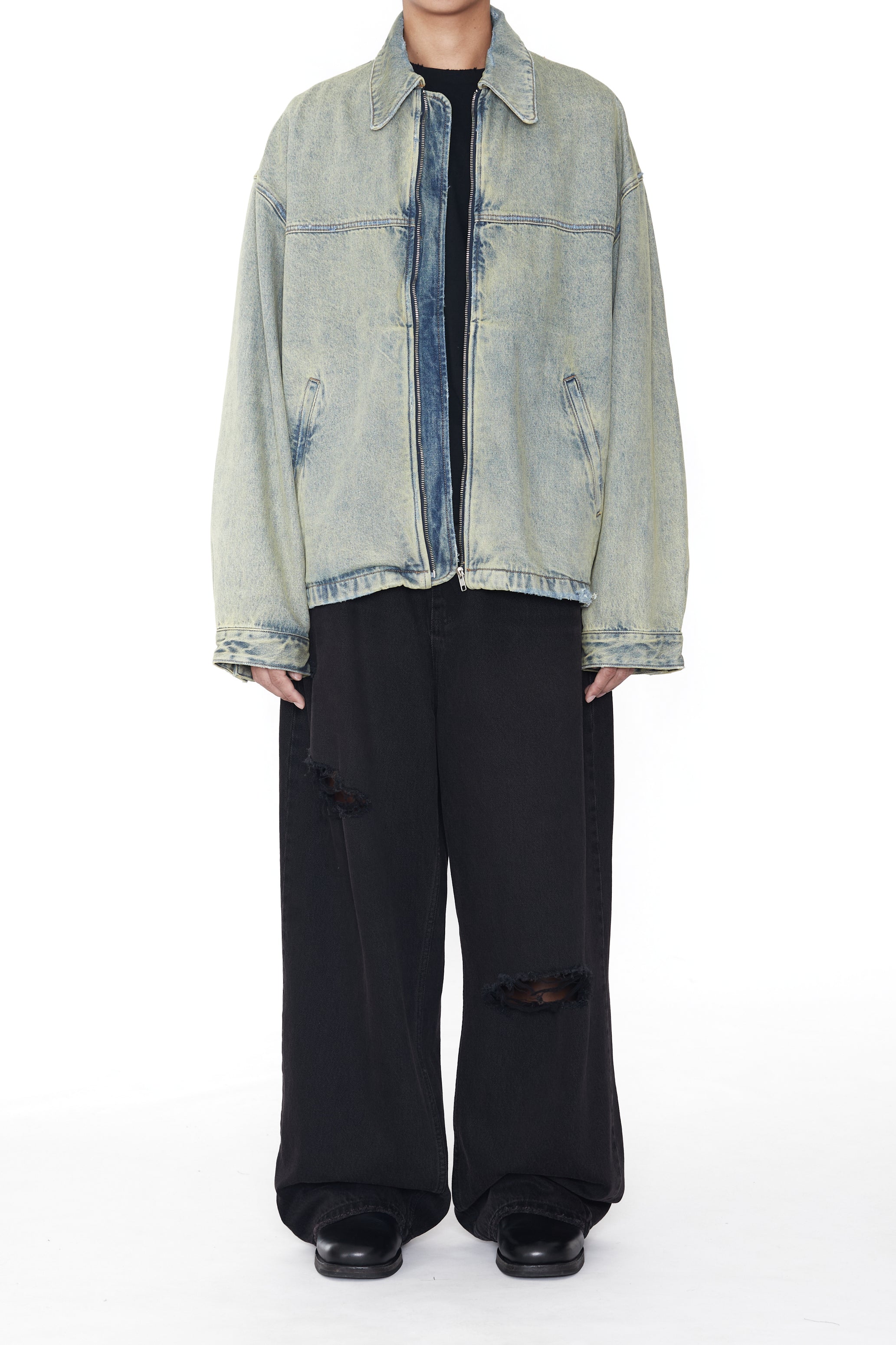 INDIGO ACID WASHED DISTRESSED DENIM SLANT JACKET