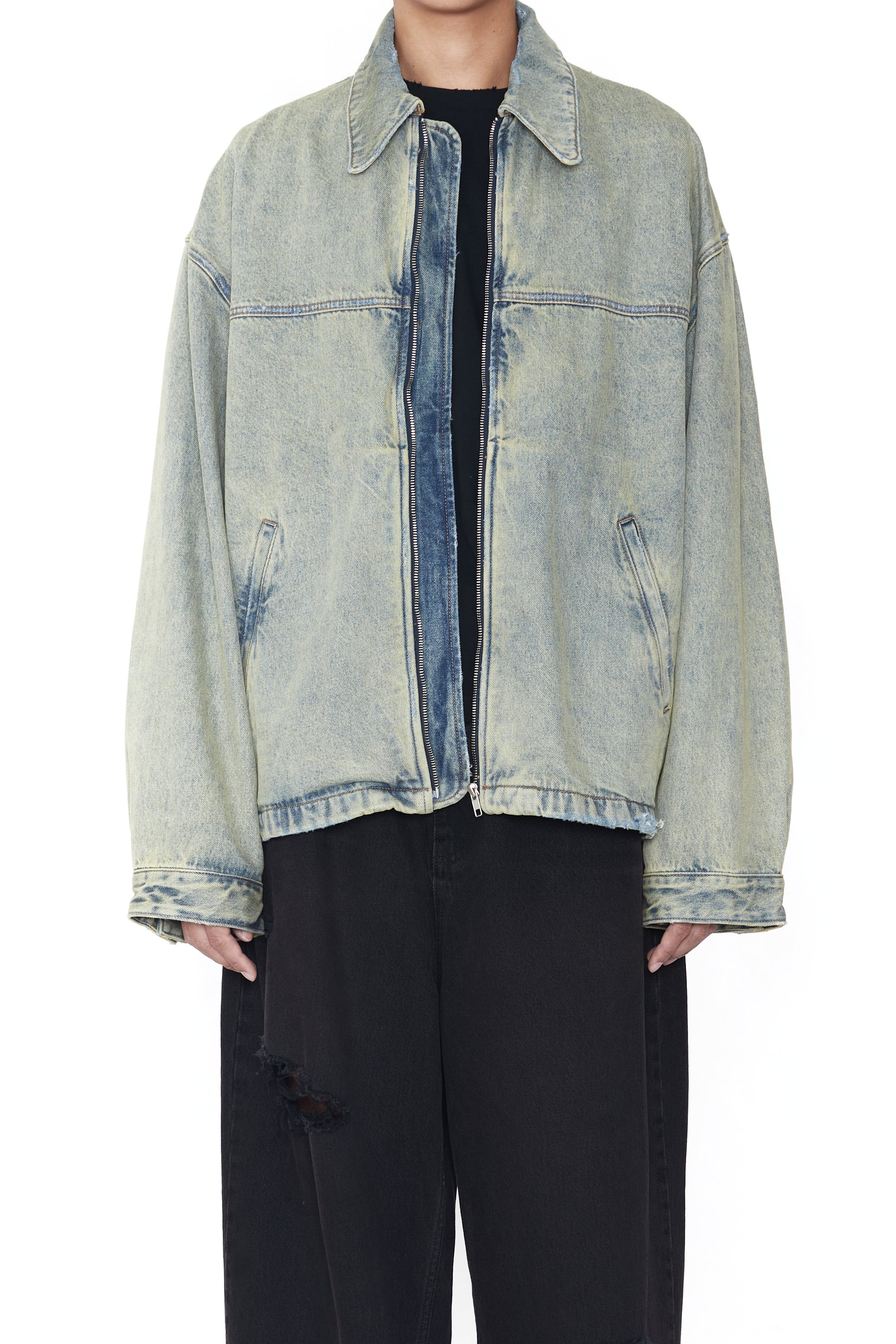 INDIGO ACID WASHED DISTRESSED DENIM SLANT JACKET