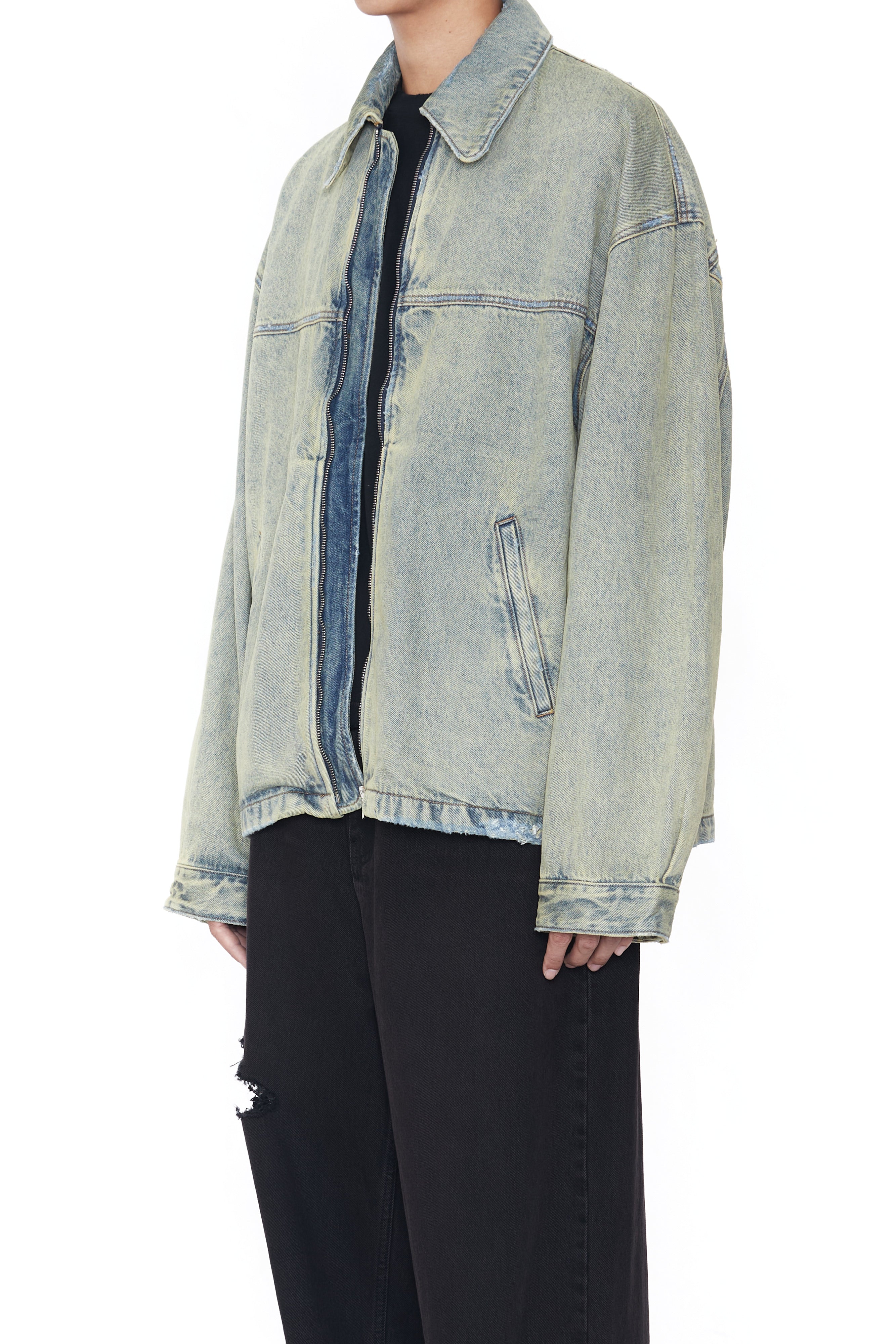 Load image into Gallery viewer, INDIGO ACID WASHED DISTRESSED DENIM SLANT JACKET