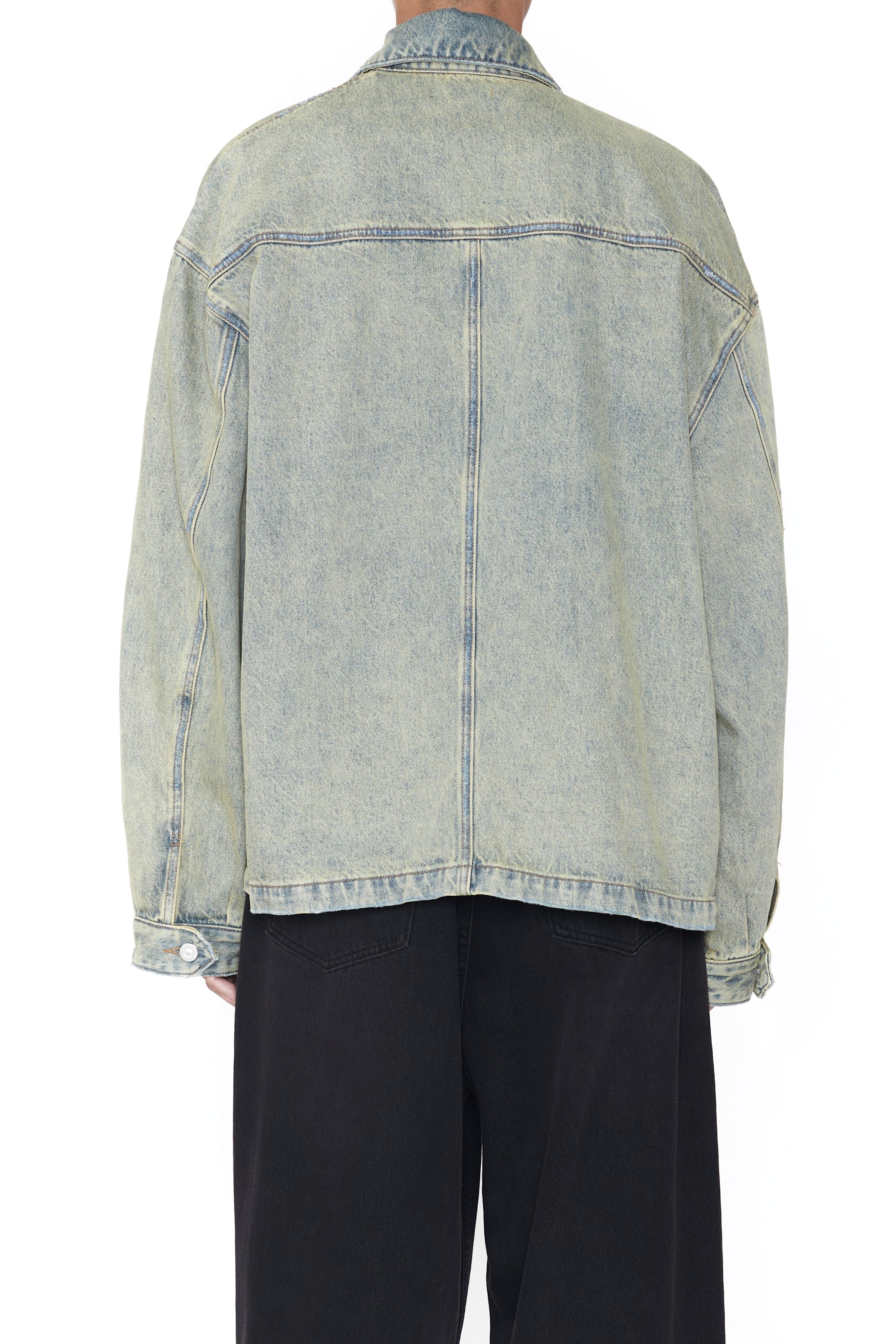 INDIGO ACID WASHED DISTRESSED DENIM SLANT JACKET
