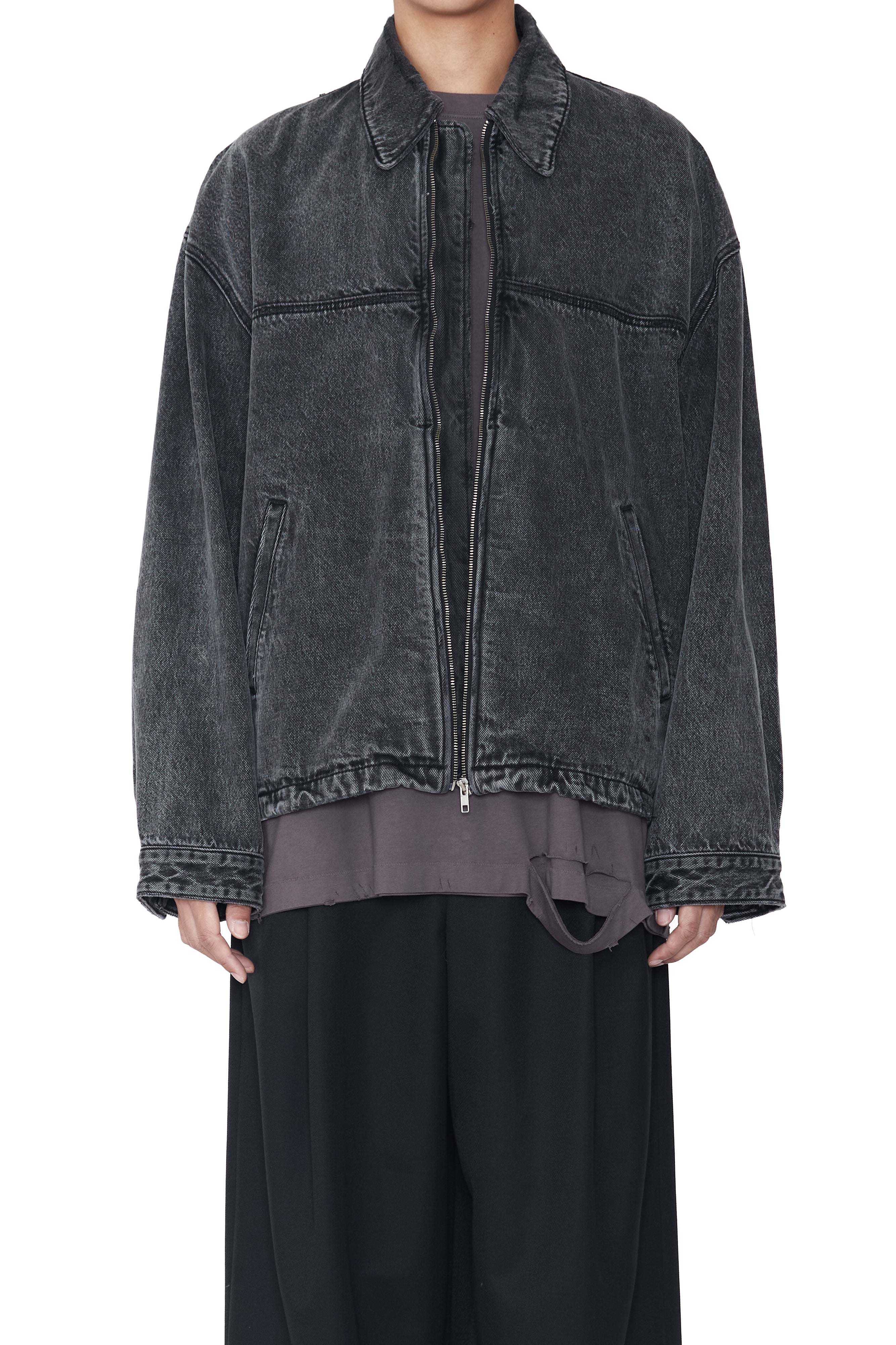 Load image into Gallery viewer, BLACK ACID WASHED DISTRESSED DENIM SLANT JACKET