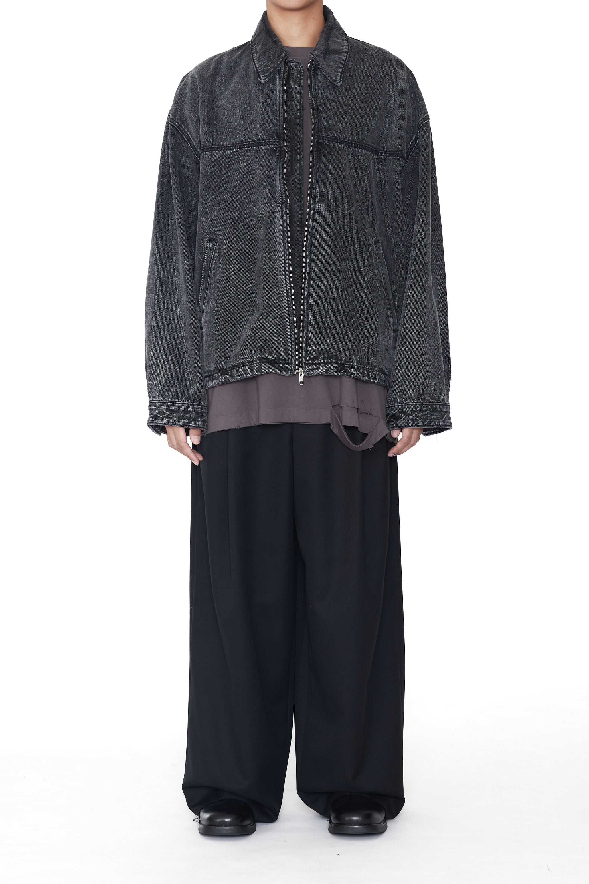 BLACK ACID WASHED DISTRESSED DENIM SLANT JACKET