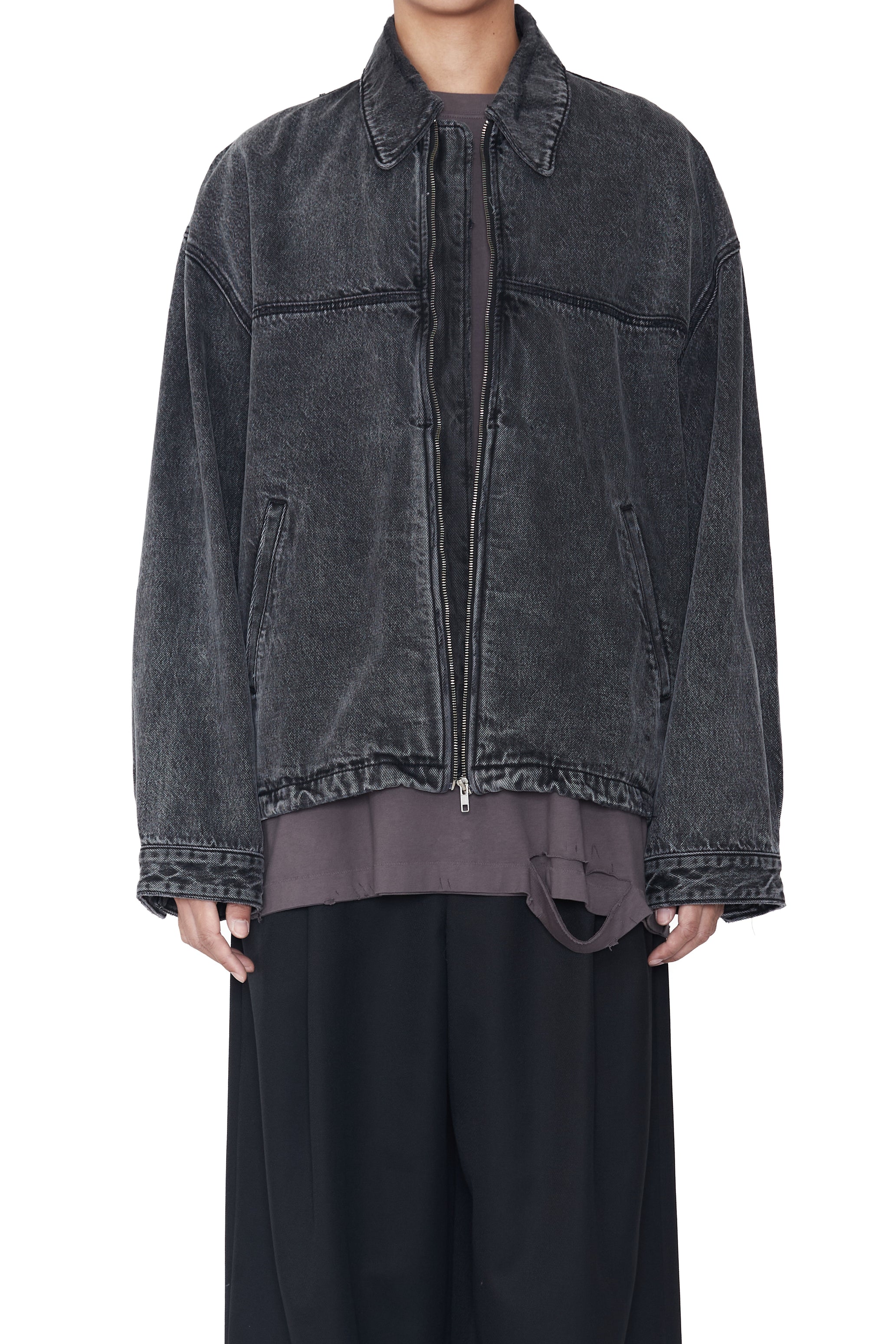 BLACK ACID WASHED DISTRESSED DENIM SLANT JACKET