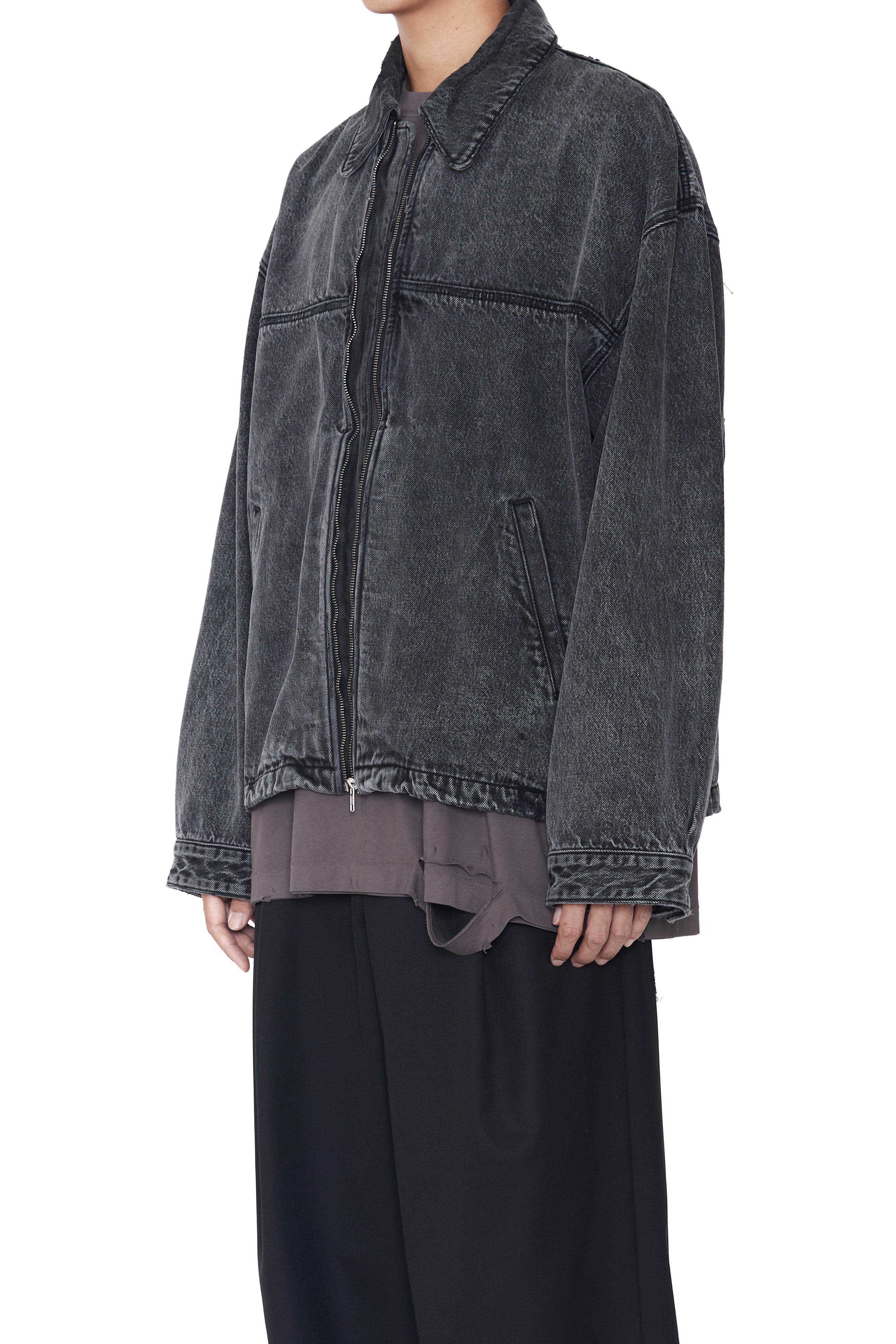 Load image into Gallery viewer, BLACK ACID WASHED DISTRESSED DENIM SLANT JACKET