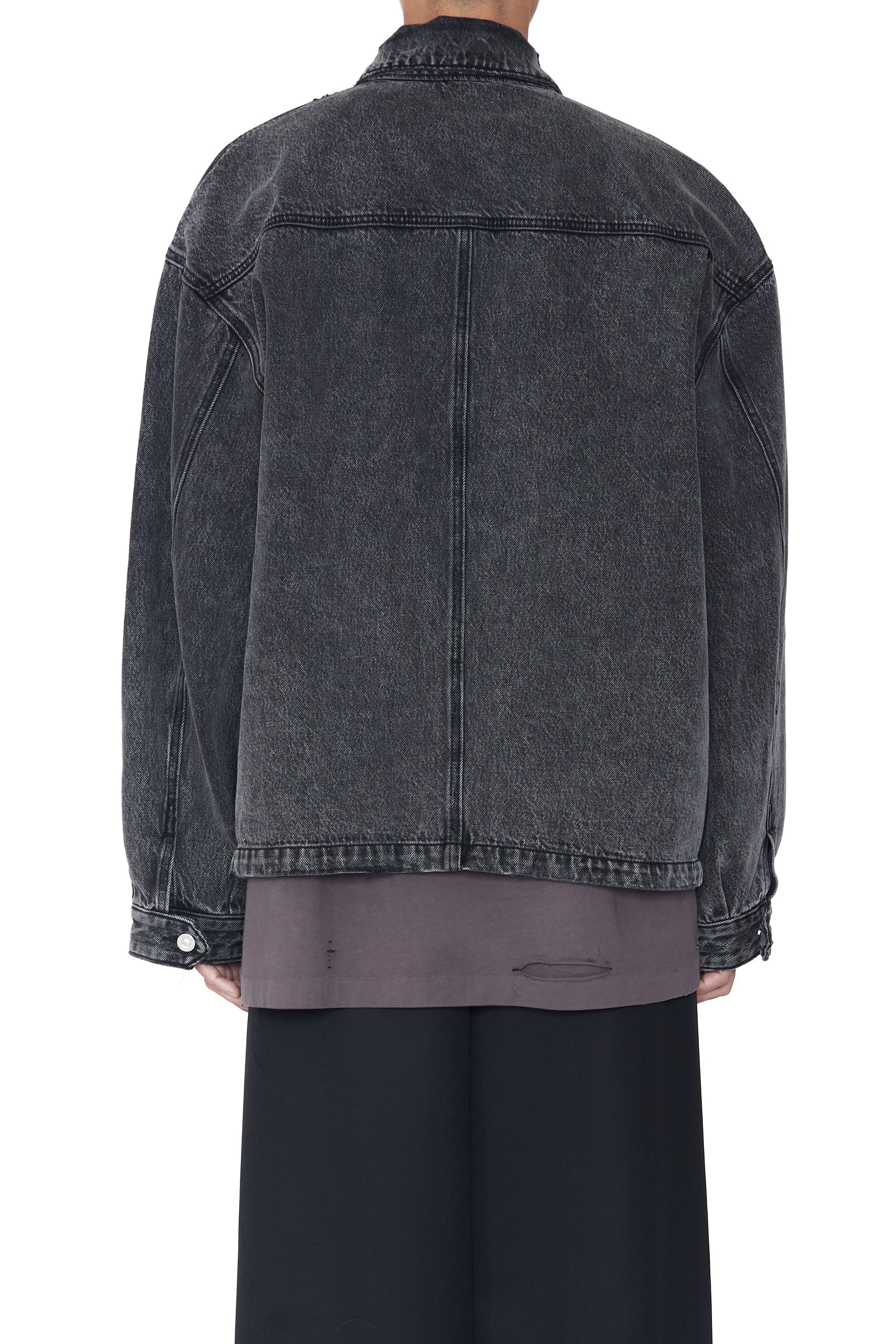 Load image into Gallery viewer, BLACK ACID WASHED DISTRESSED DENIM SLANT JACKET