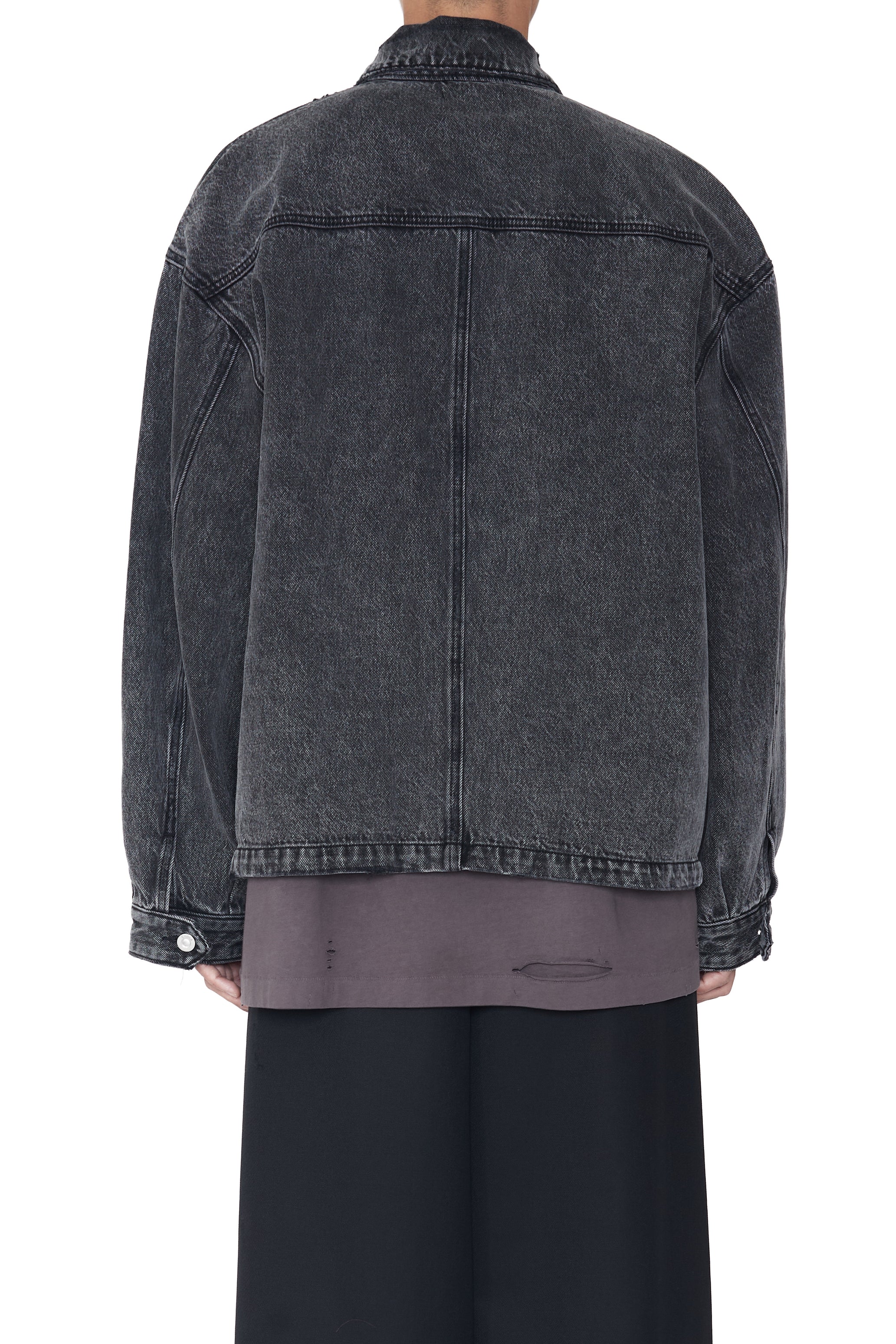 BLACK ACID WASHED DISTRESSED DENIM SLANT JACKET