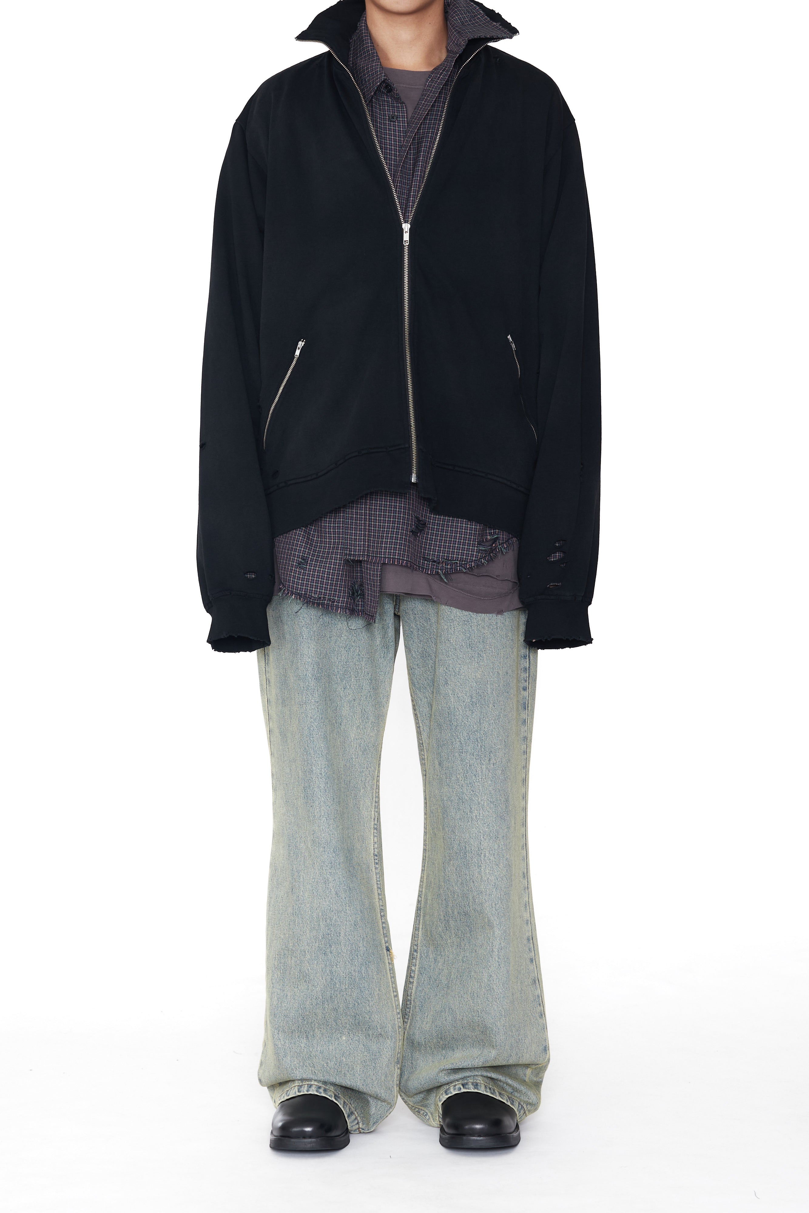 Load image into Gallery viewer, BLACK WASHED AGING DESTROYED ZIP JACKET