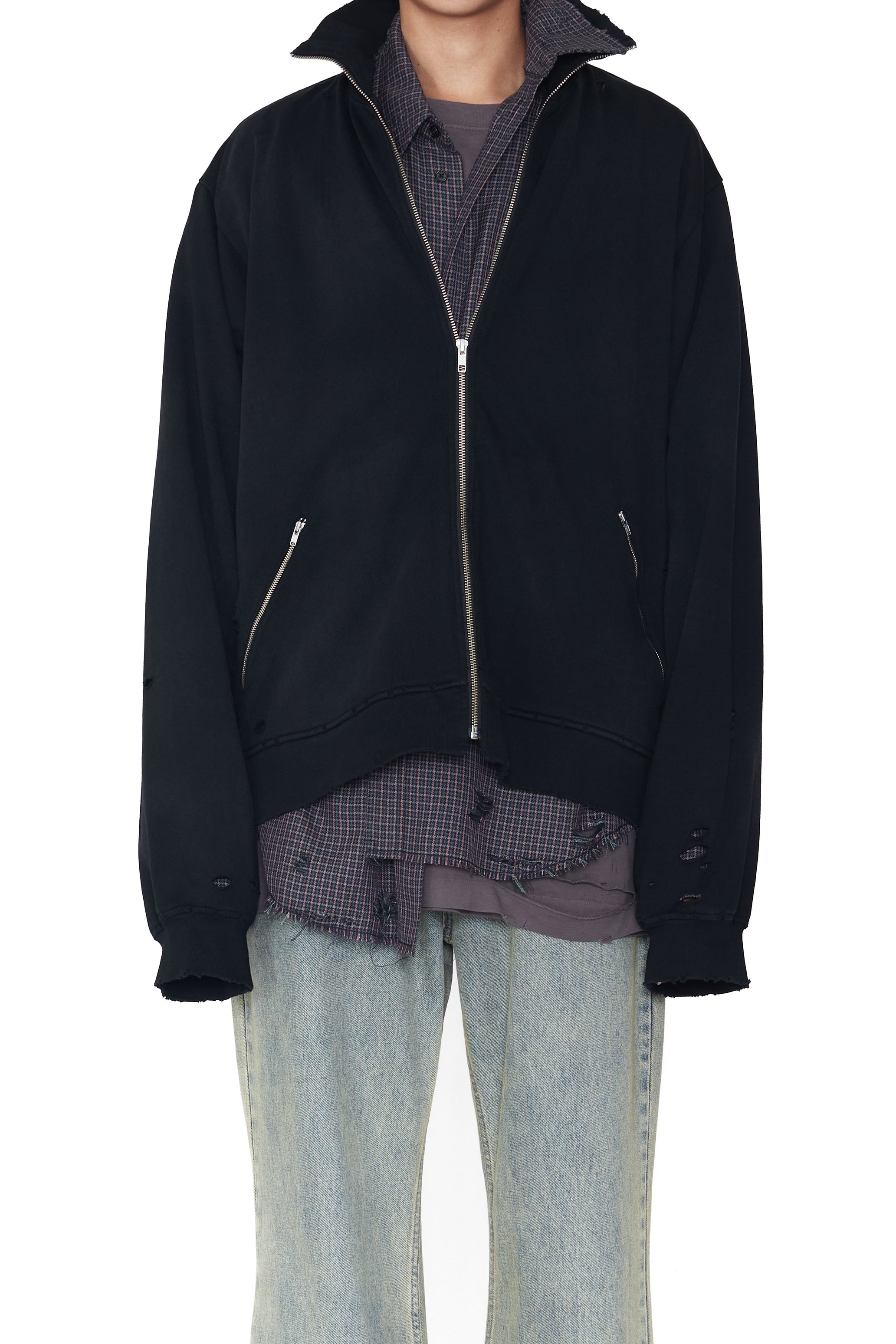 BLACK WASHED AGING DESTROYED ZIP JACKET