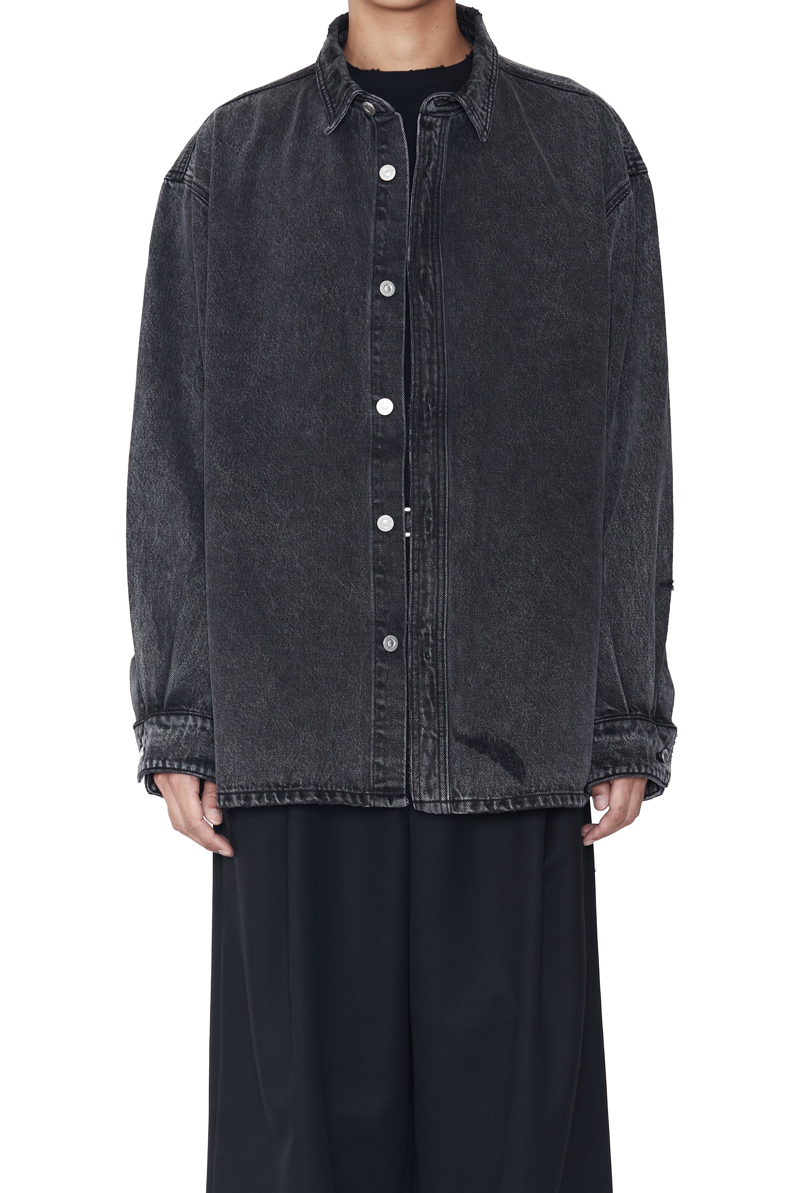 Load image into Gallery viewer, BLACK ACID WASHED DISTRESSED OVERSIZED DENIM SHIRT