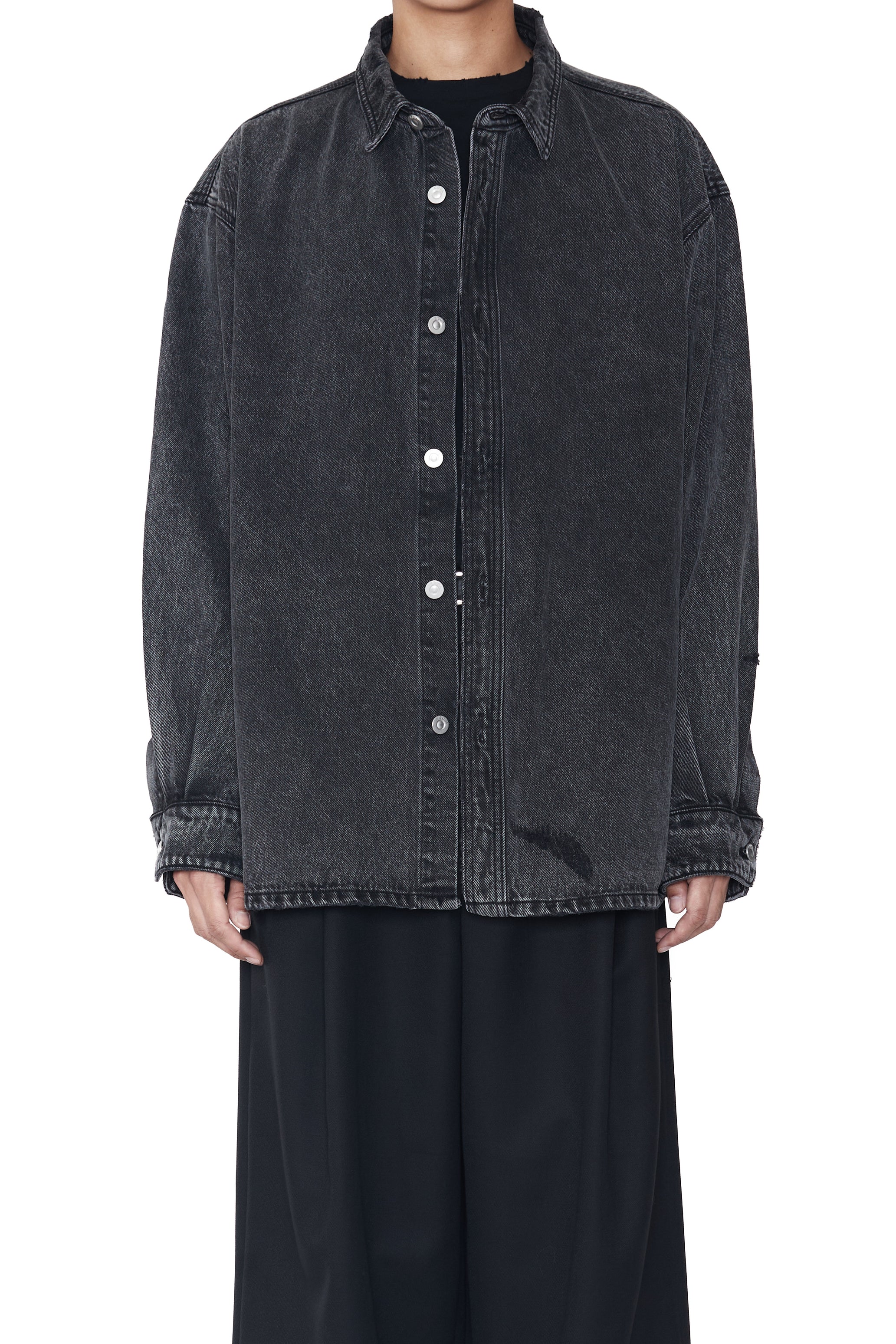 BLACK ACID WASHED DISTRESSED OVERSIZED DENIM SHIRT