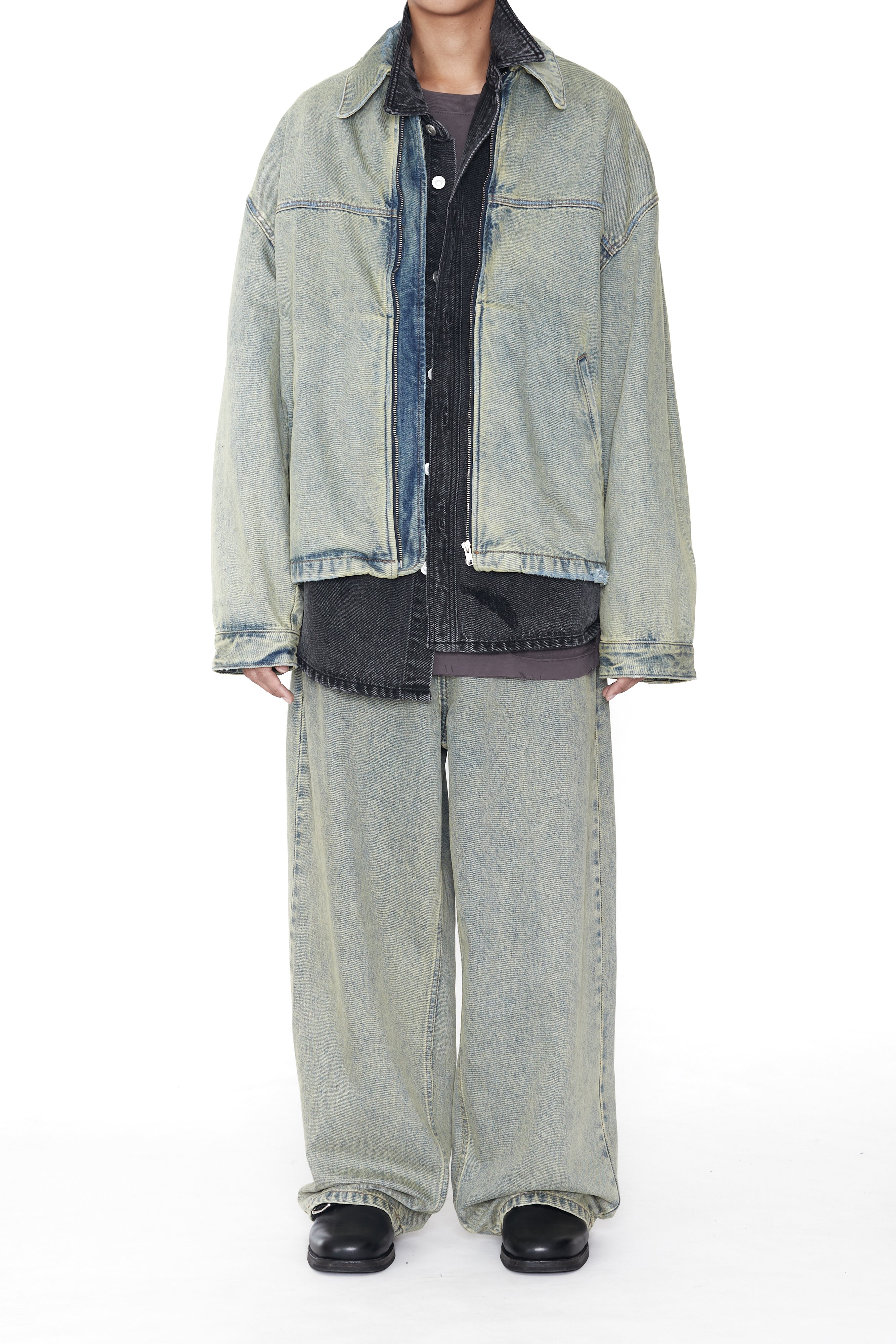 Load image into Gallery viewer, INDIGO ACID WASHED DISTRESSED DENIM SLANT JACKET