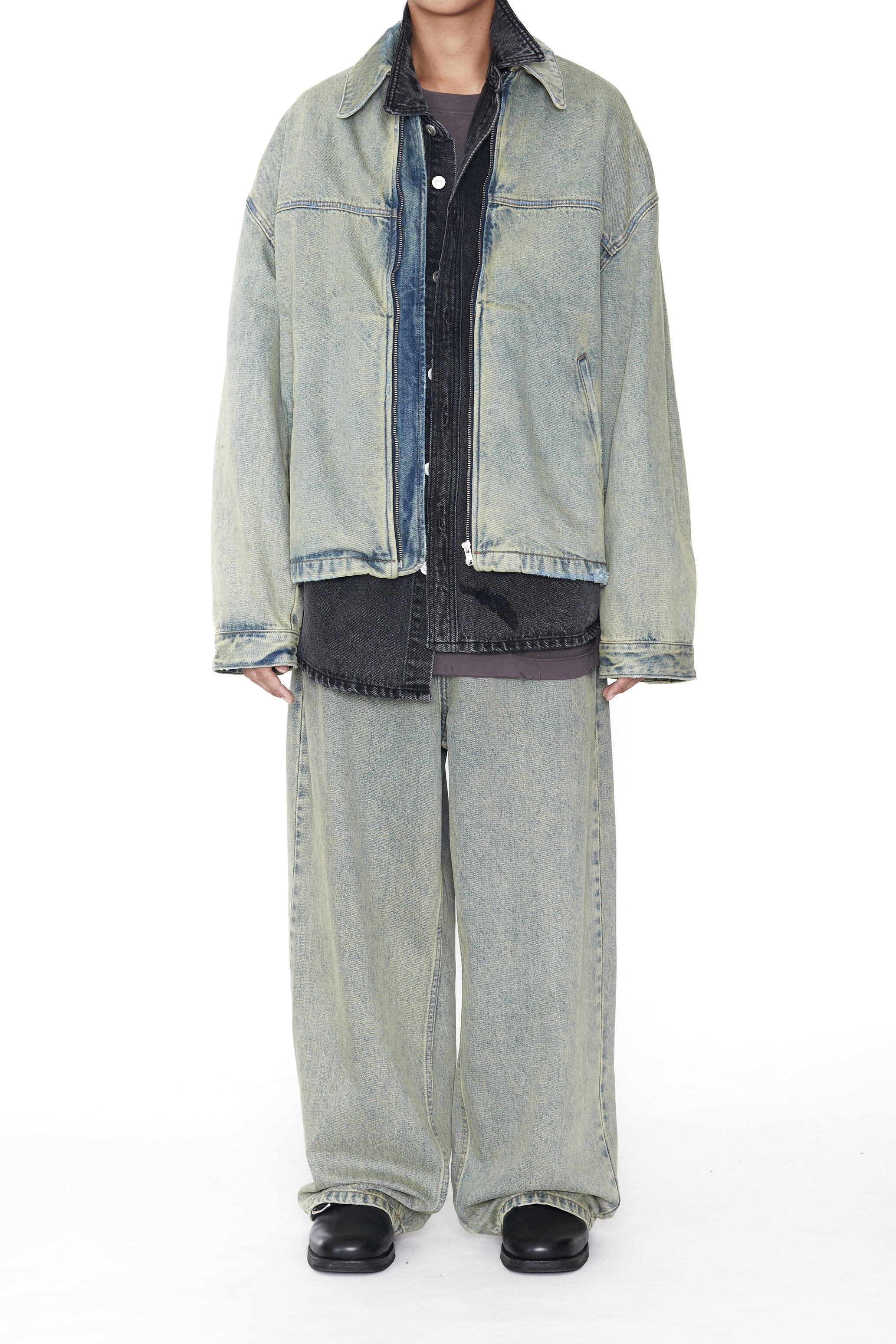 INDIGO ACID WASHED DISTRESSED DENIM SLANT JACKET