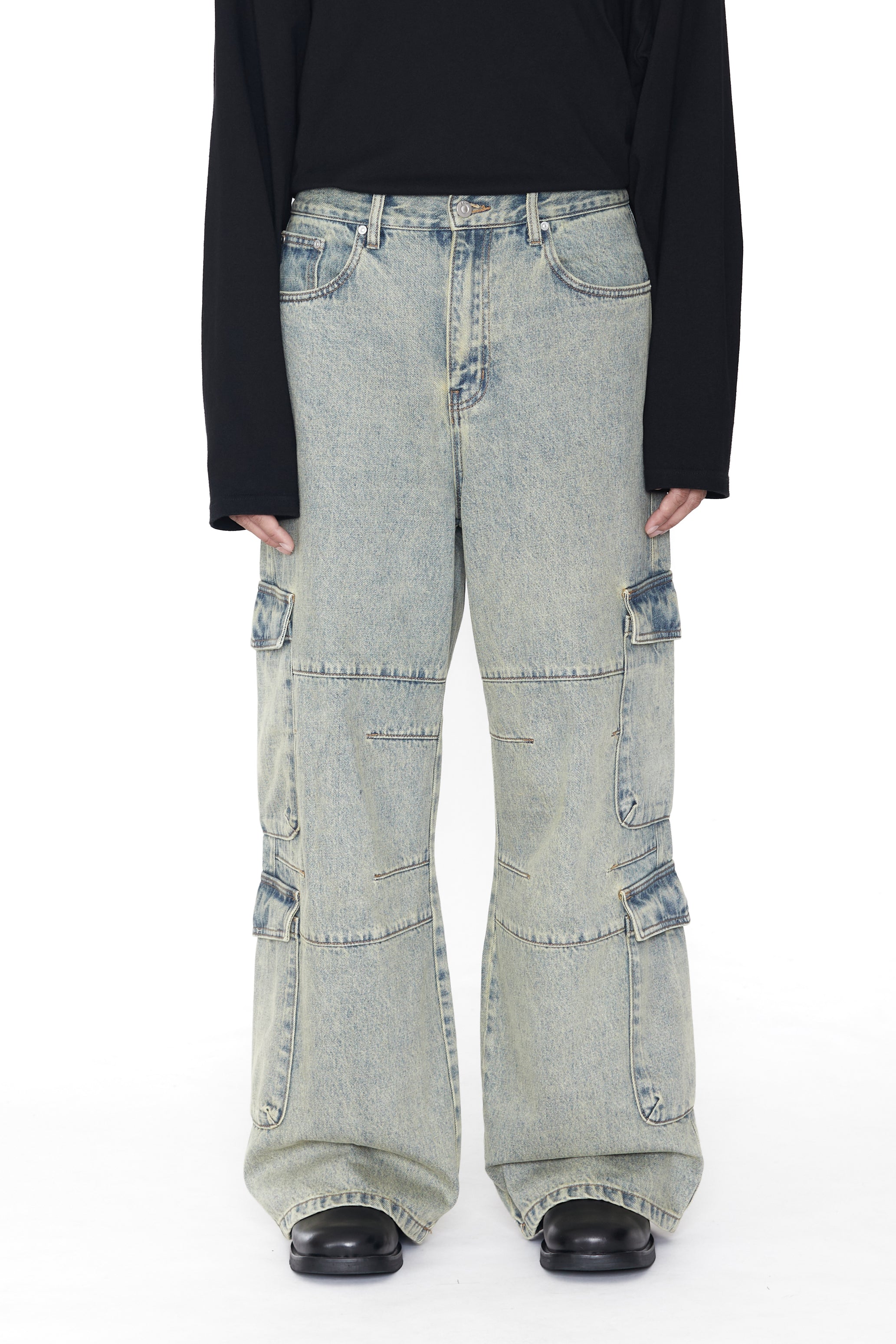 INDIGO ACID WASHED BREAK CUT FLARED CARGO JEANS