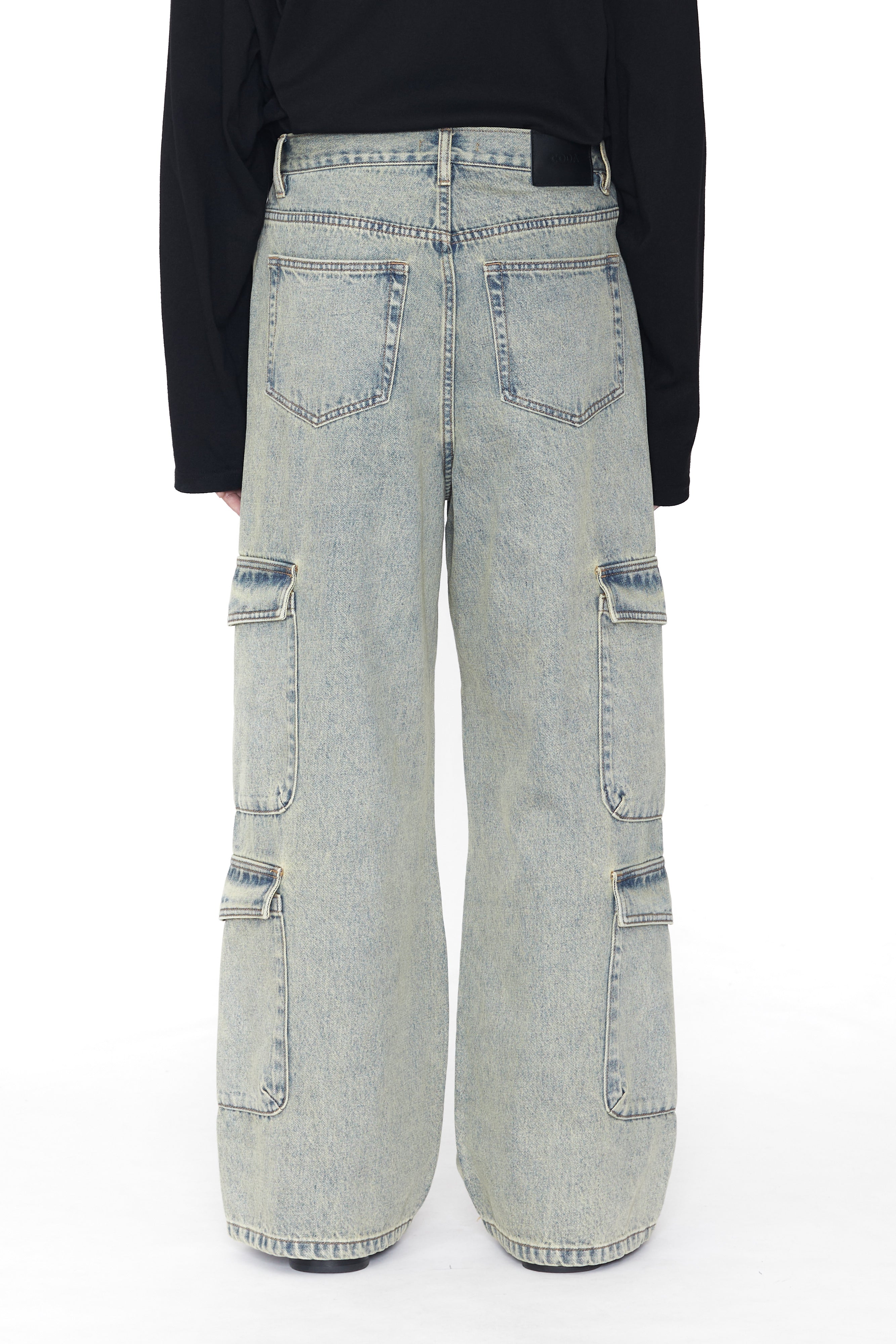 Load image into Gallery viewer, INDIGO ACID WASHED BREAK CUT FLARED CARGO JEANS