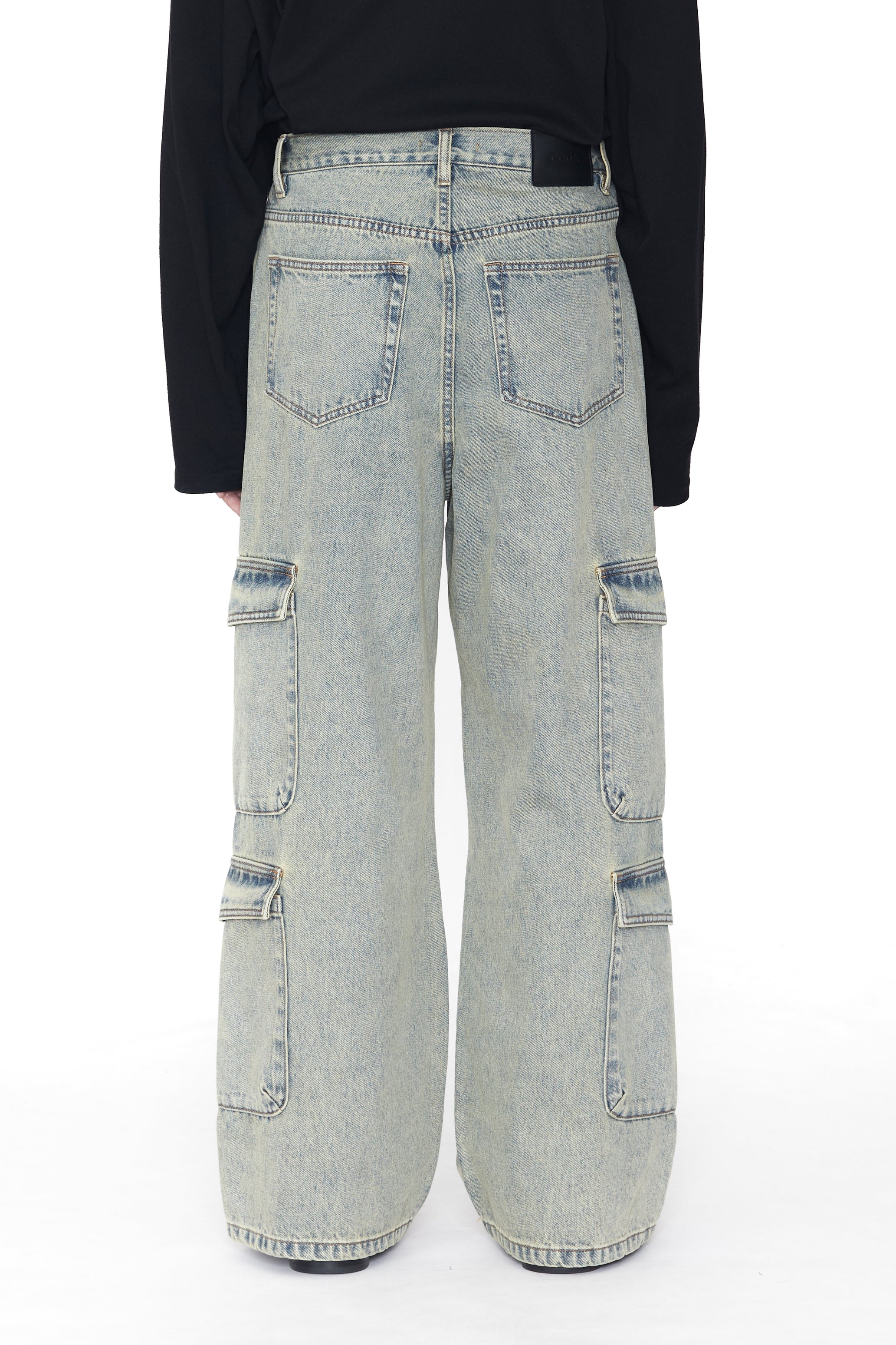 INDIGO ACID WASHED BREAK CUT FLARED CARGO JEANS