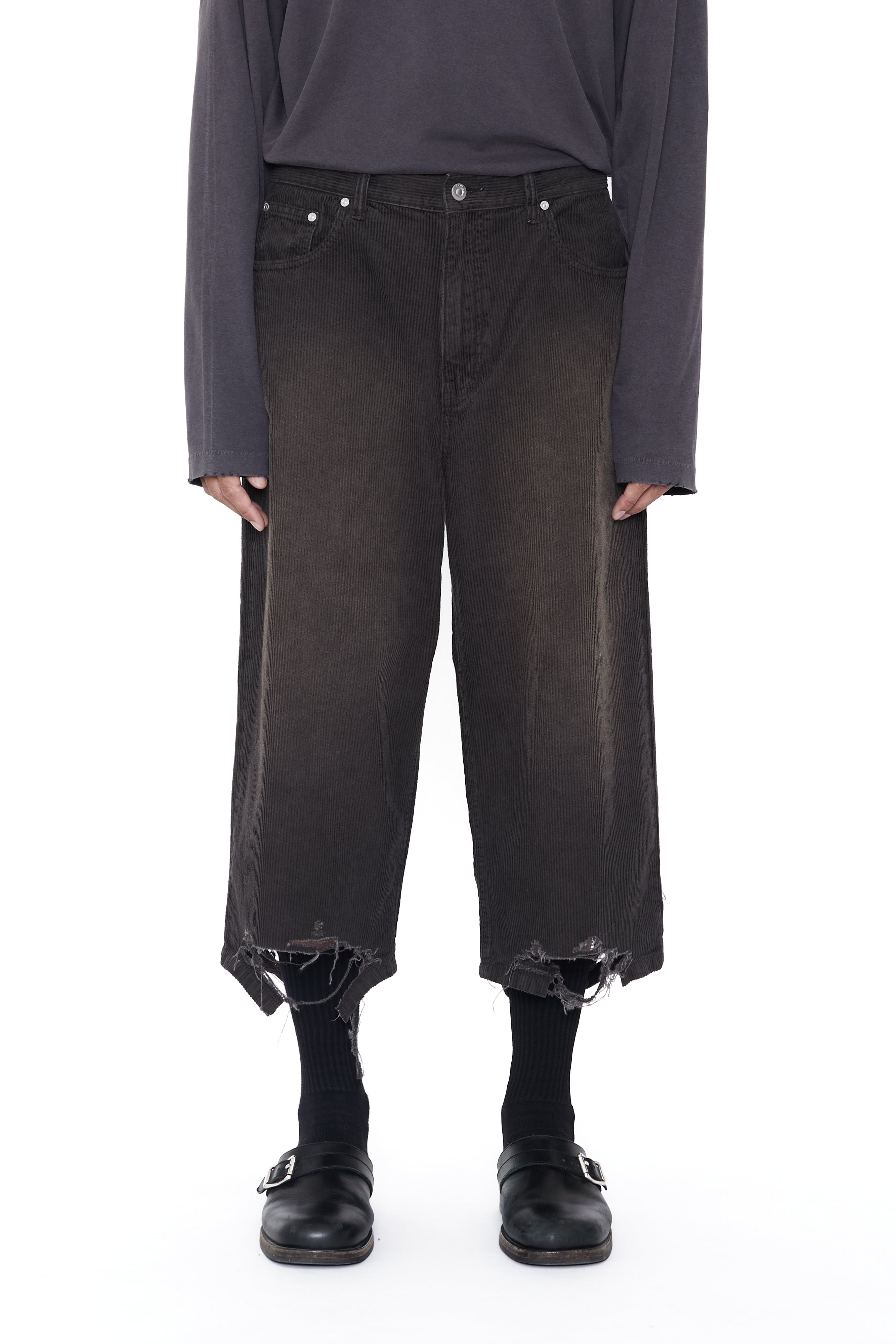Load image into Gallery viewer, GREY WASHED CORDUROY DESTROYED CUT OUT SHORTS
