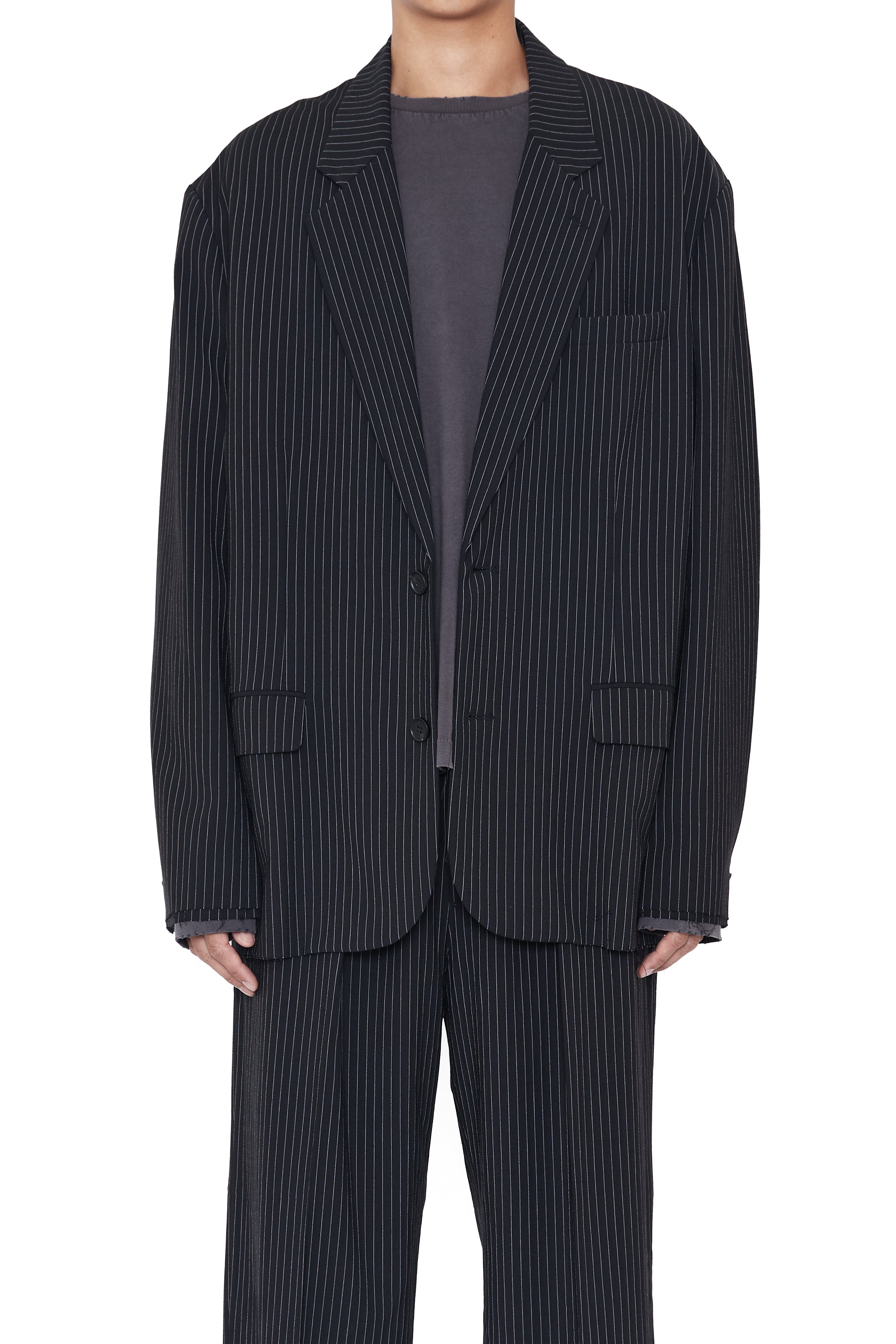Load image into Gallery viewer, BLACK STRIPED WOOL POLY OVERSIZED DISTRESSED BLAZER
