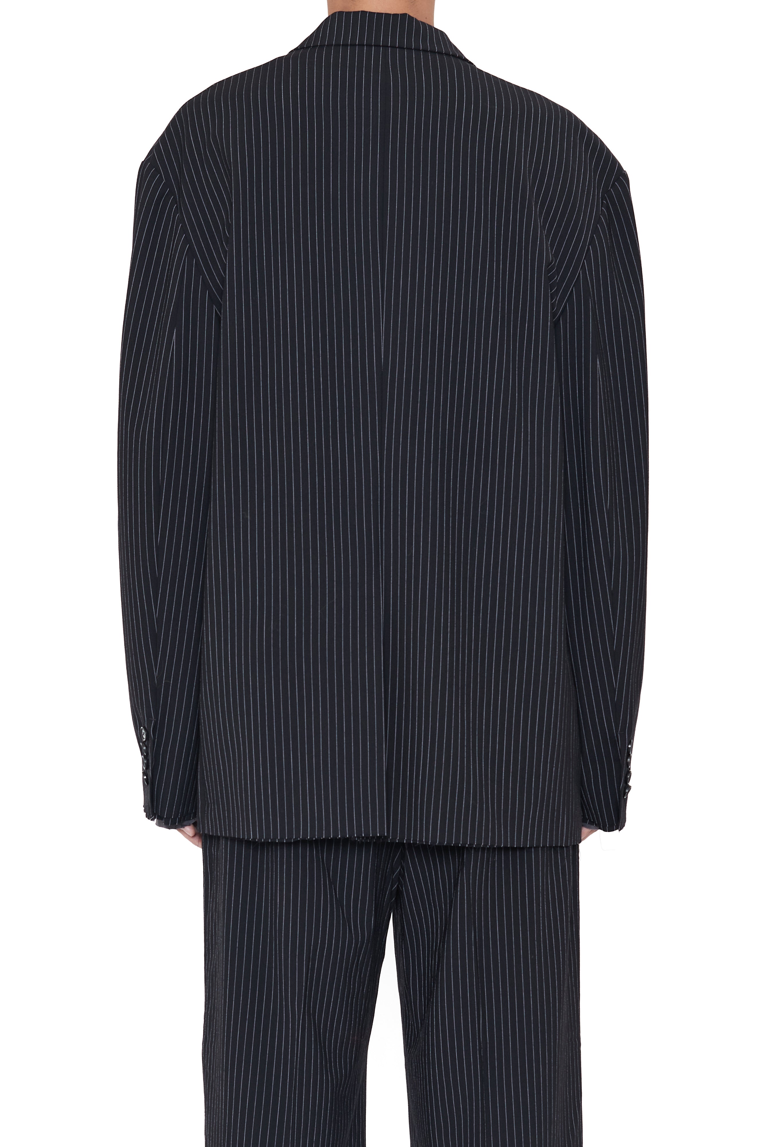 Load image into Gallery viewer, BLACK STRIPED WOOL POLY OVERSIZED DISTRESSED BLAZER