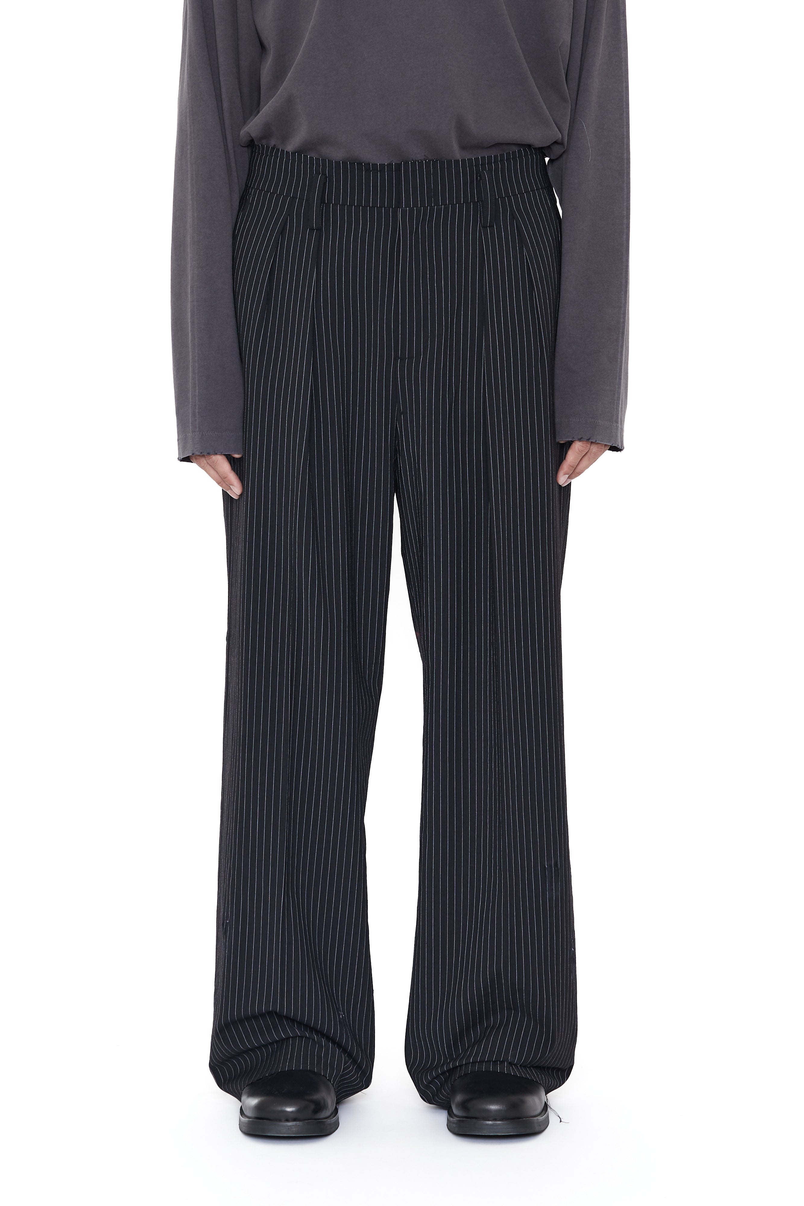 Load image into Gallery viewer, BLACK STRIPE WOOL NYLON DISTRESSED INVERTED TUCKS SLACK