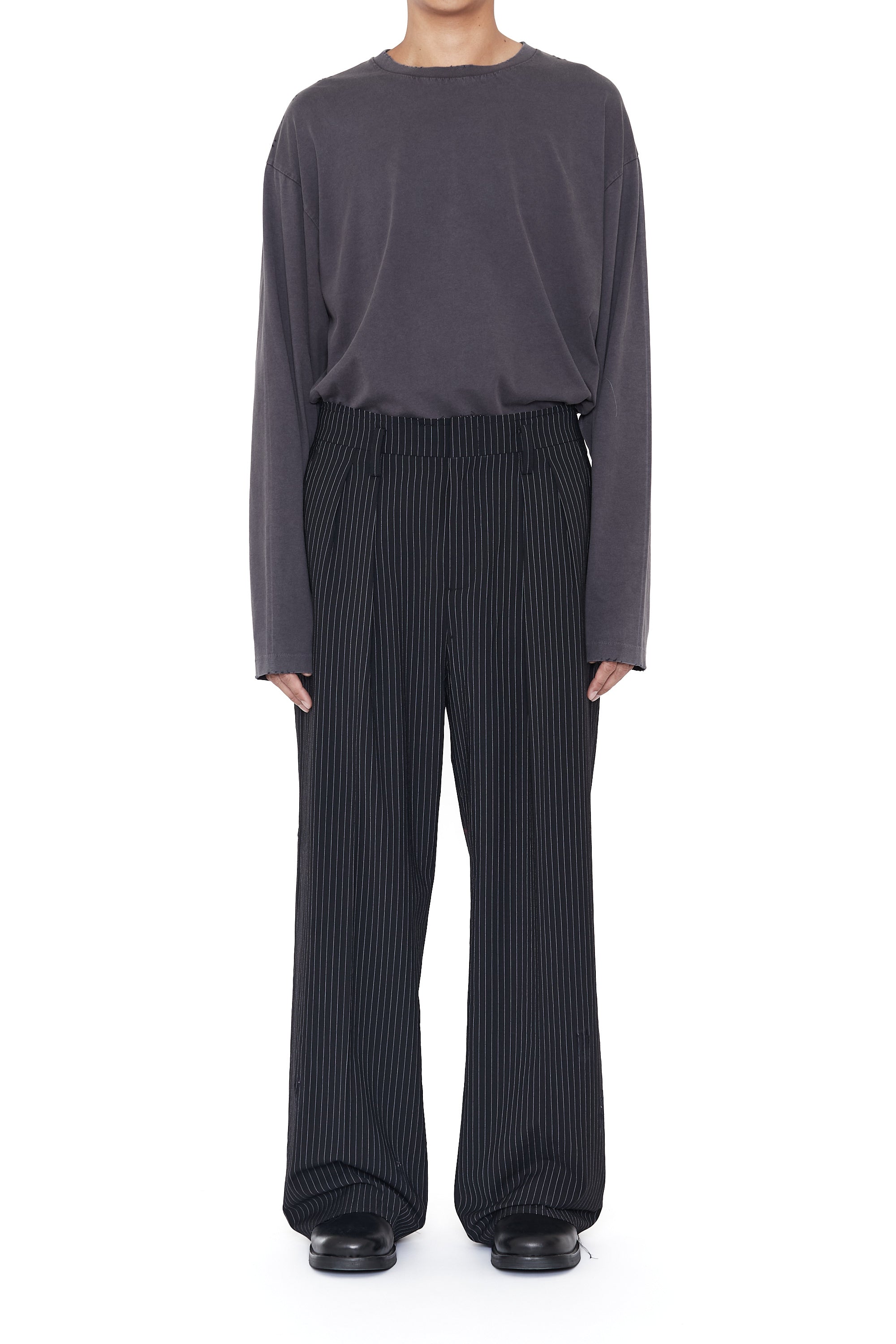 Load image into Gallery viewer, BLACK STRIPE WOOL NYLON DISTRESSED INVERTED TUCKS SLACK