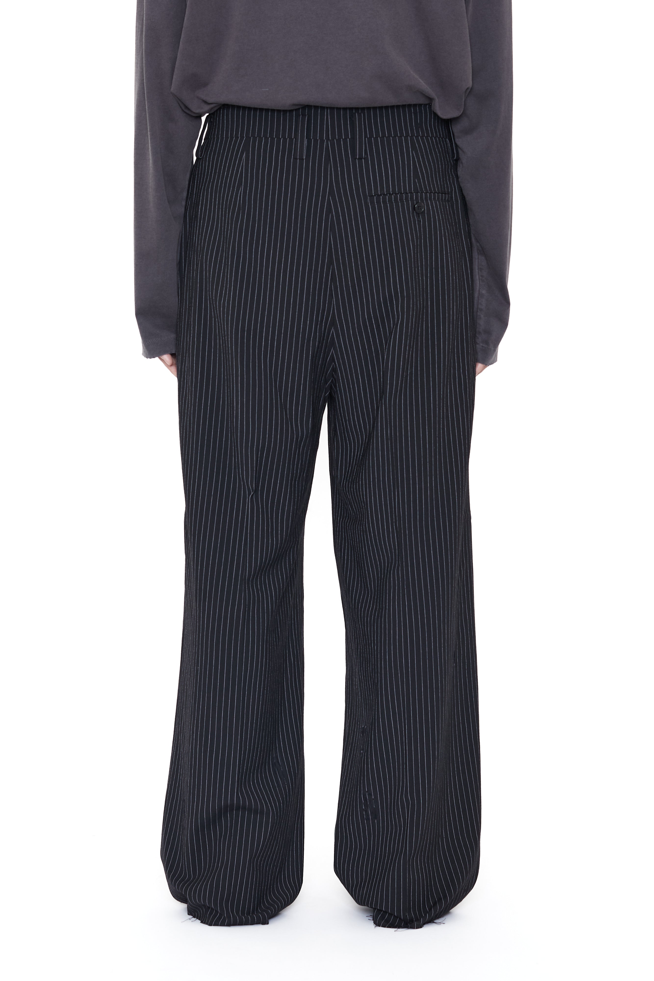 Load image into Gallery viewer, BLACK STRIPE WOOL NYLON DISTRESSED INVERTED TUCKS SLACK
