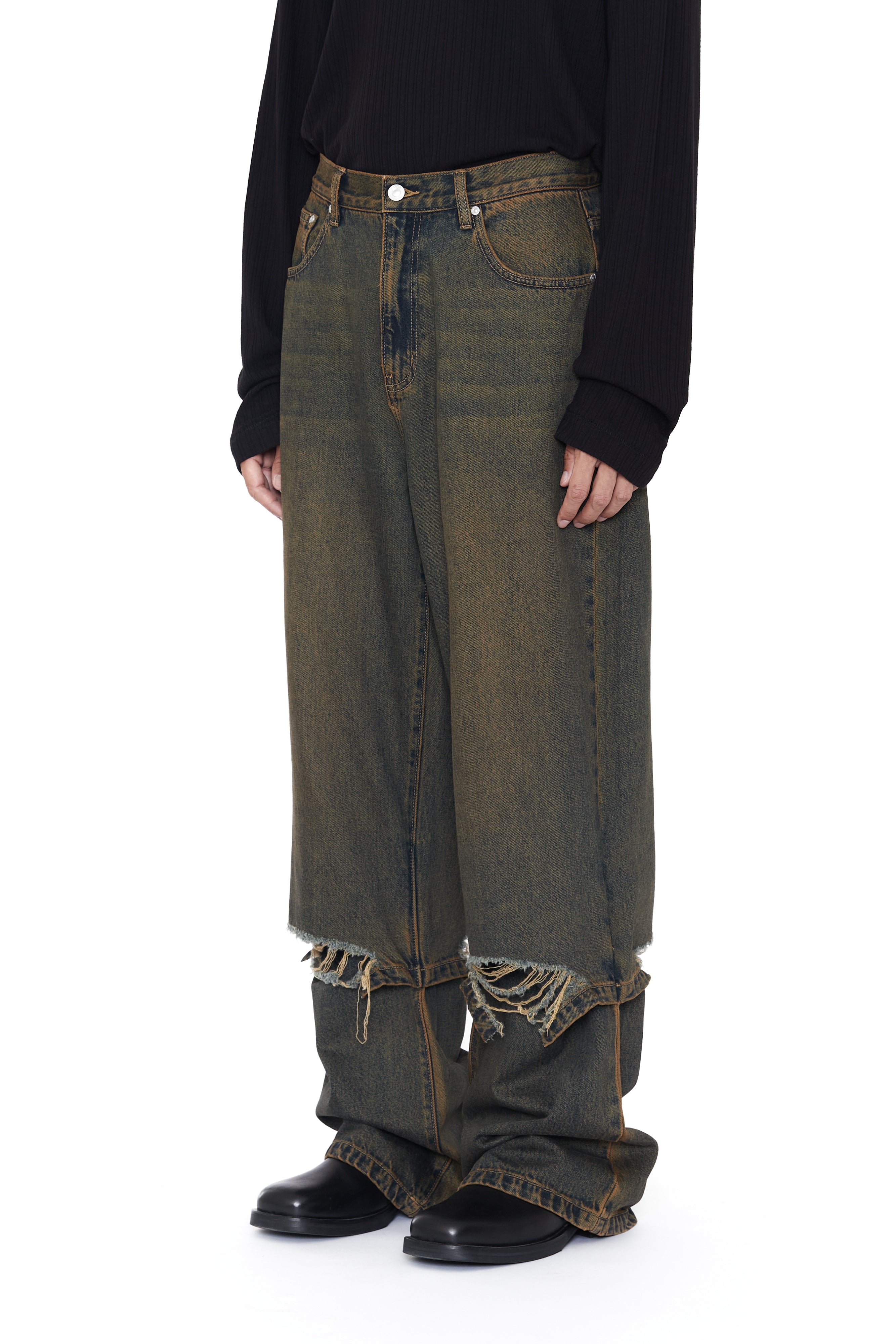 Load image into Gallery viewer, BLACK BROWN WASH LAYERED HYBRID BREAK CUT JEANS