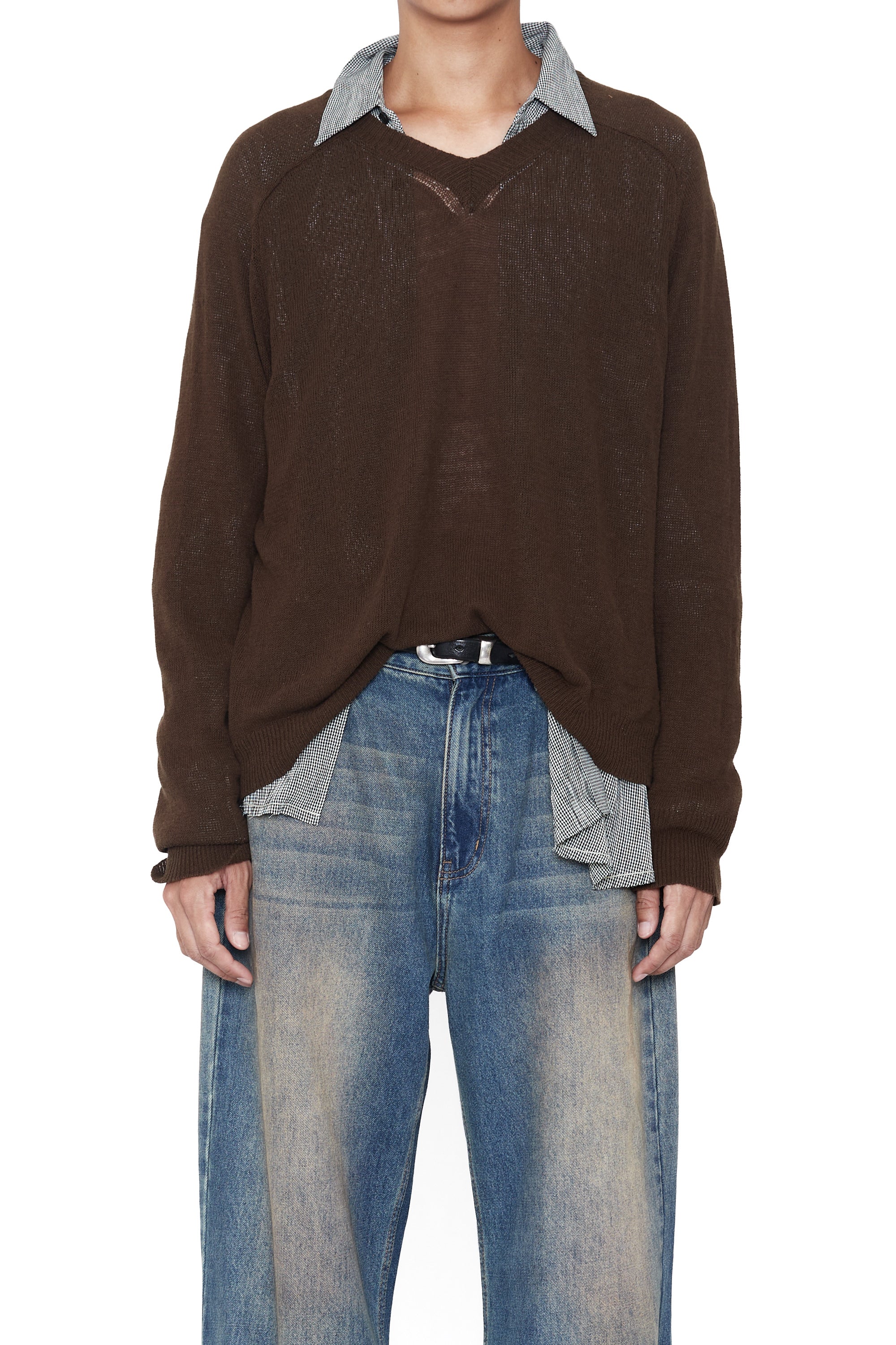 Load image into Gallery viewer, BROWN SHRUNKEN V-NECK PULLOVER