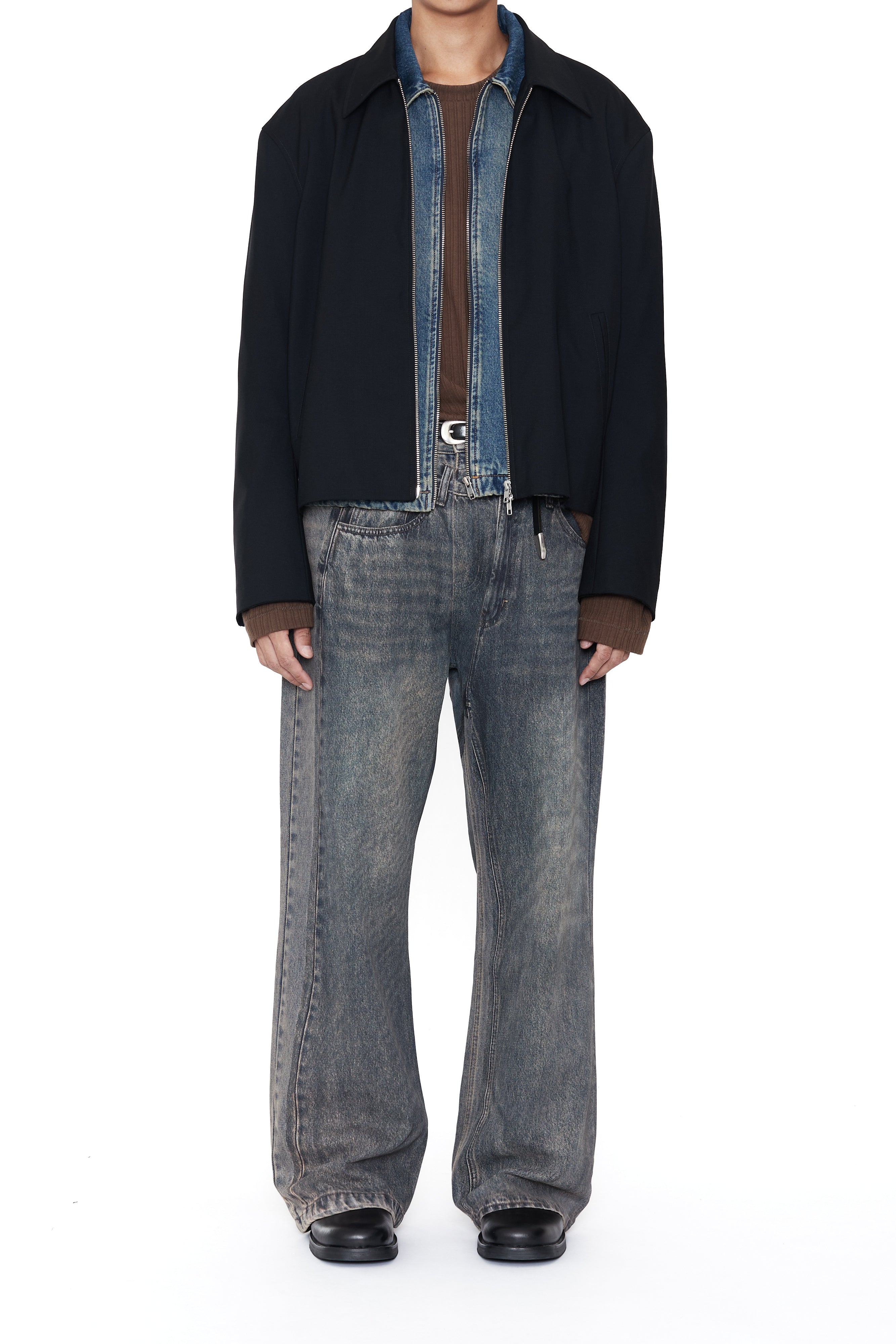 Load image into Gallery viewer, GREY ACID WASH DUAL EXPOSURE BREAK CUT FLARED JEANS
