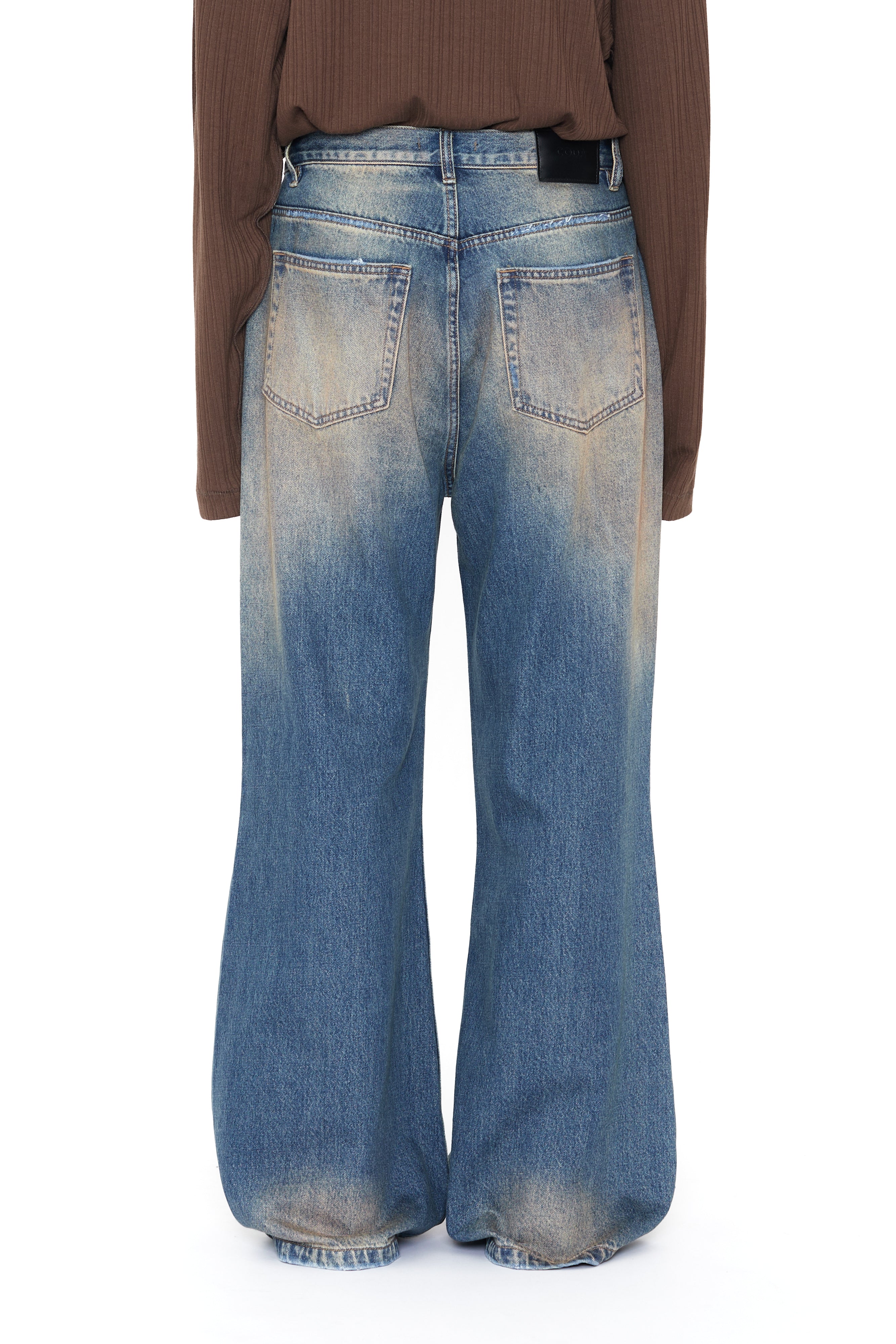 Load image into Gallery viewer, FADED DIRTY INDIGO WASHED BREAK CUT WIDE FLARED JEANS