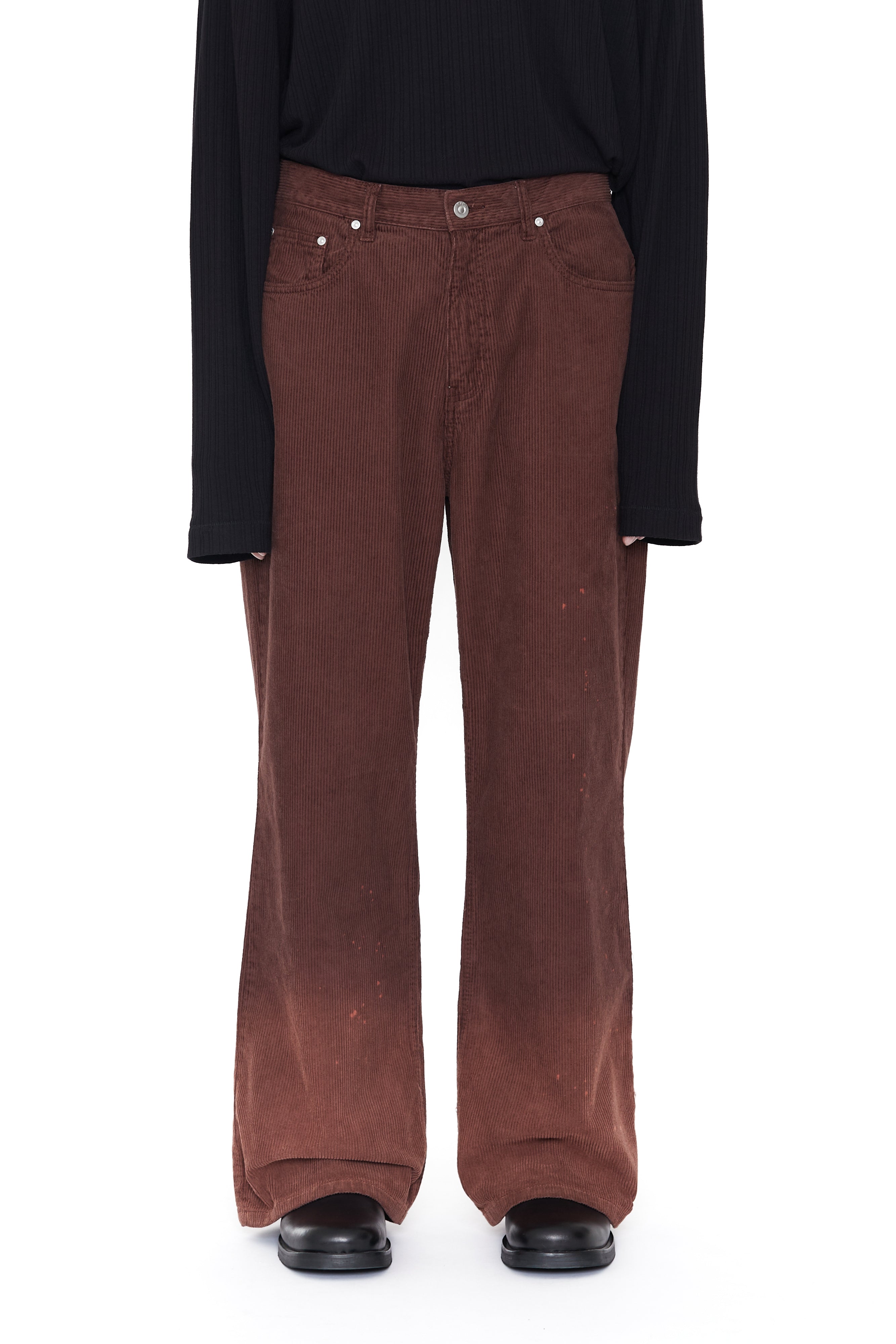 Load image into Gallery viewer, BROWN WASHED BLEACHED CORDUROY BREAK CUT FLARED PANTS