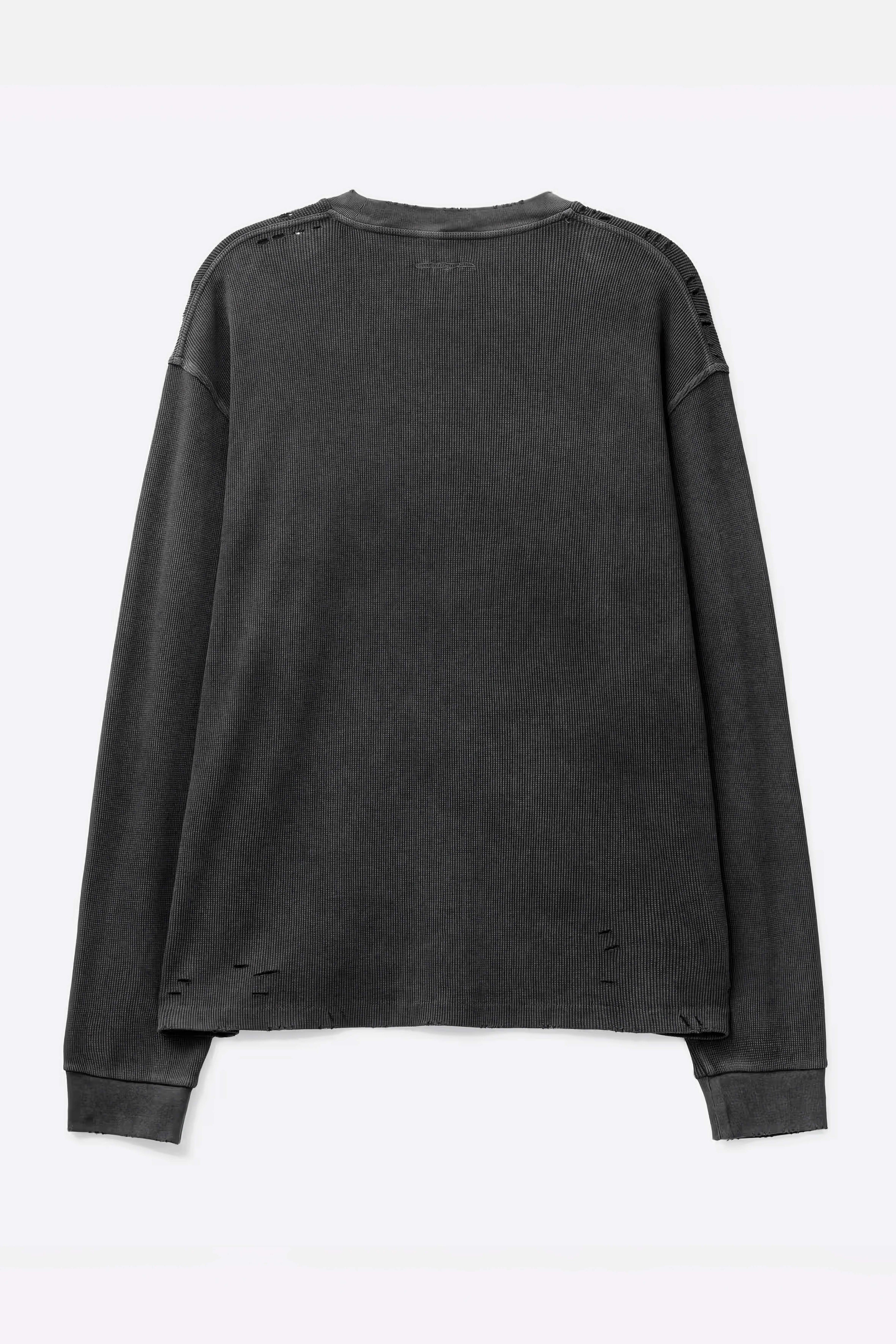 Load image into Gallery viewer, FADED BLACK AGING DAMAGED LONG SLEEVE WAFFLE TOPS
