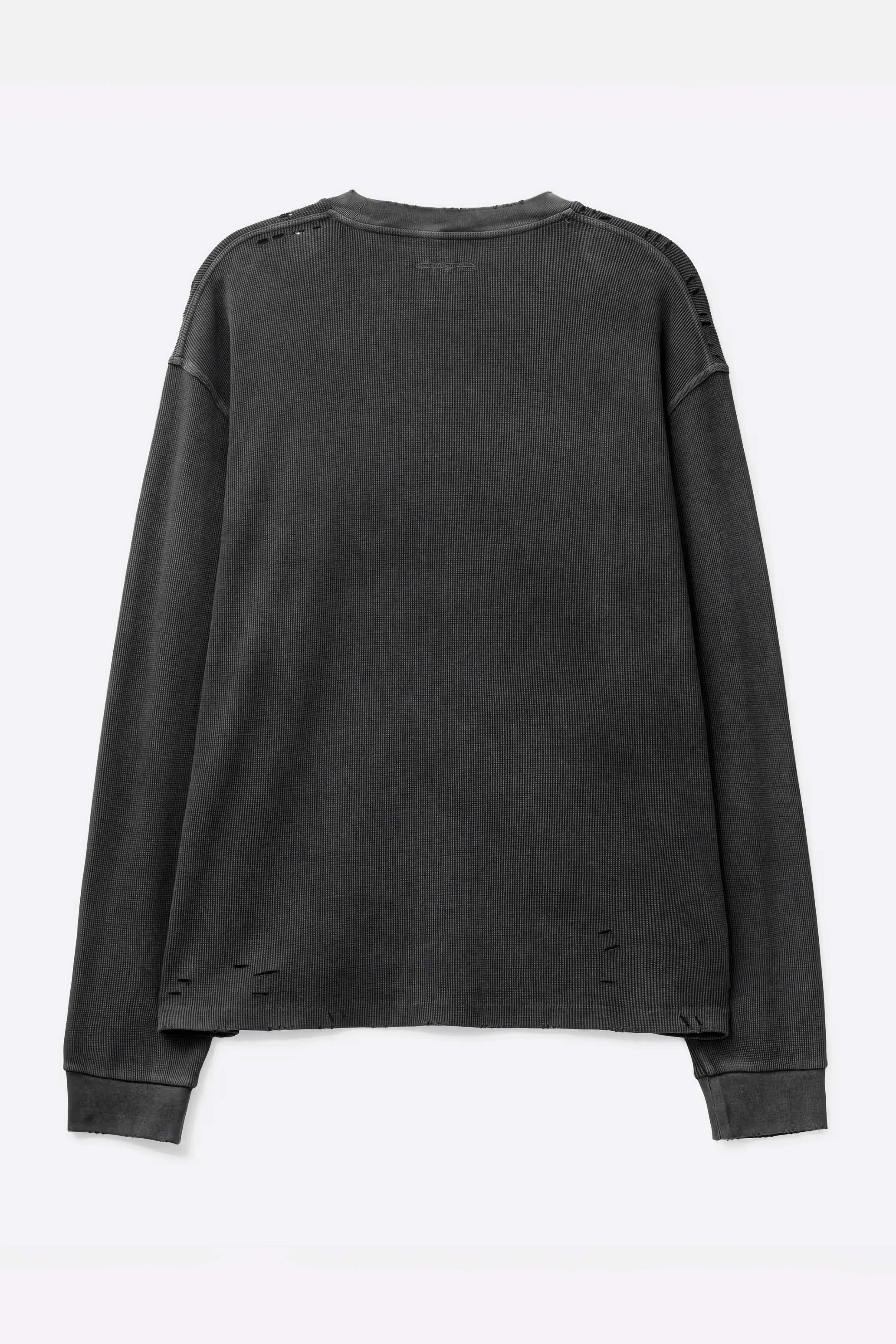 FADED BLACK AGING DAMAGED LONG SLEEVE WAFFLE TOPS