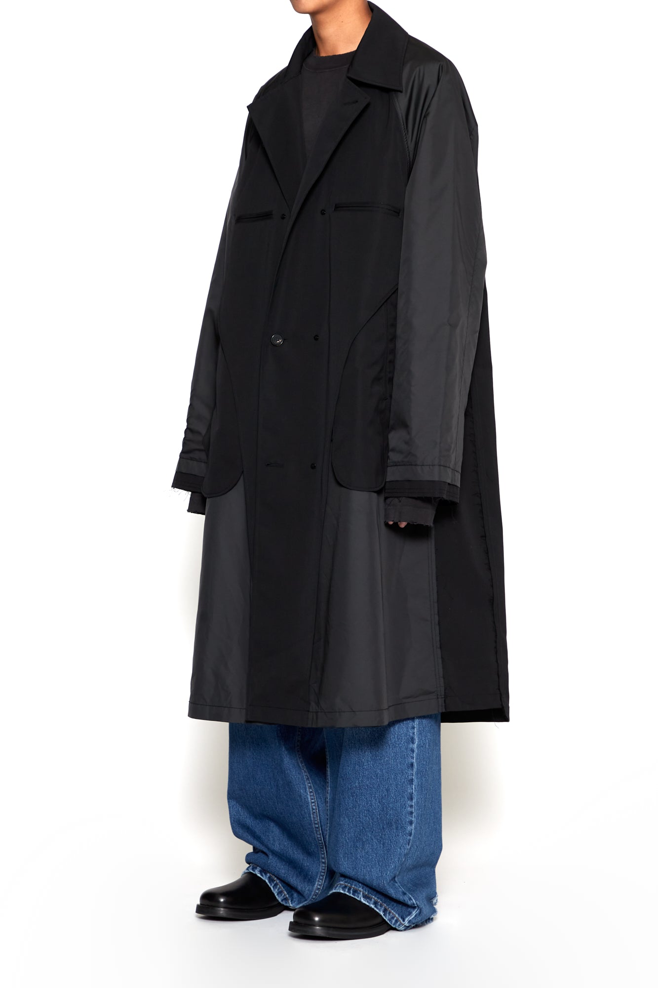Load image into Gallery viewer, BLACK WOOL INSIDE-OUT DECONSTRUCTED BREASTED COAT

