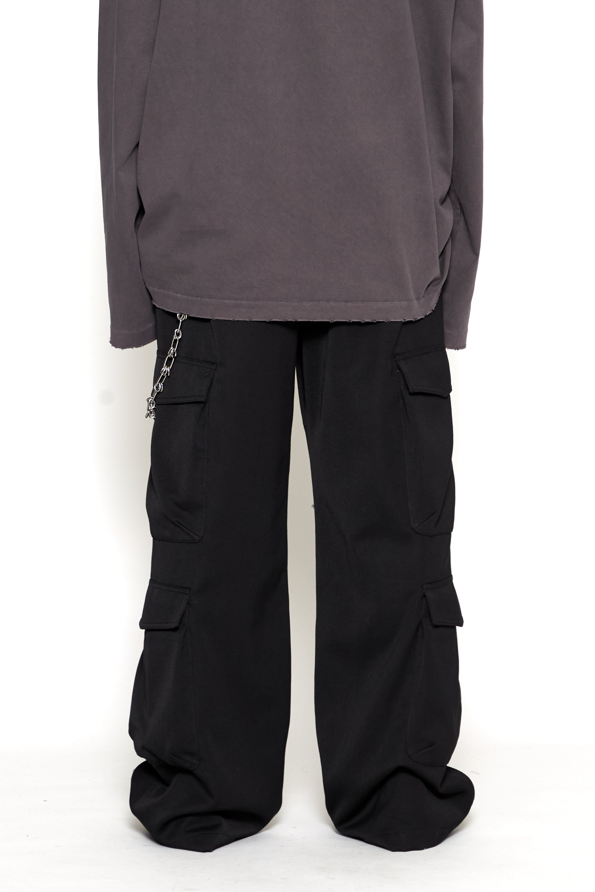 BLACK HEAVY WEIGHT WOOL POLY FLARED CARGO PANTS