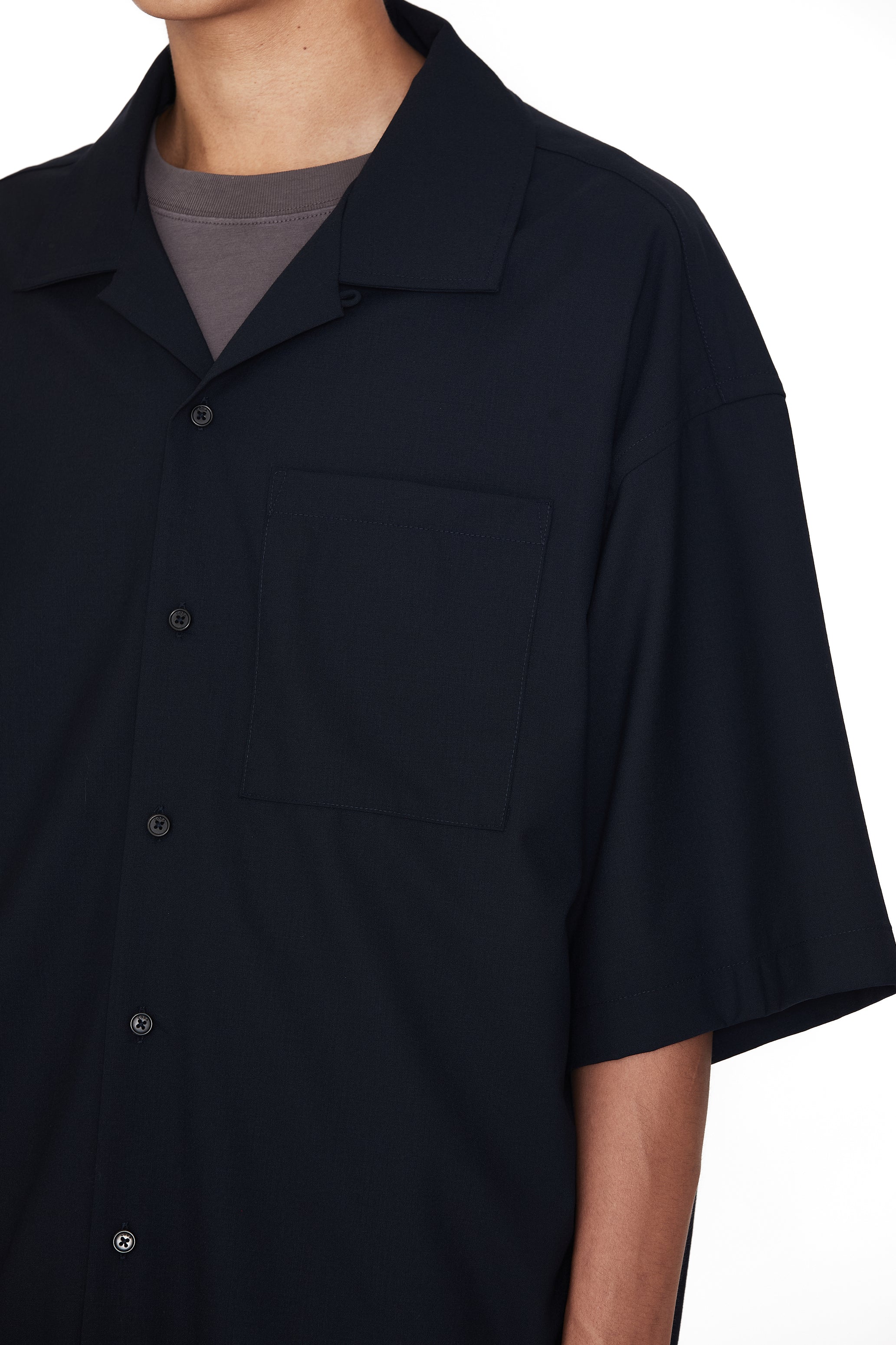 NAVY WOOL POLY RAW EDGES OPEN COLLAR BOX SHIRT