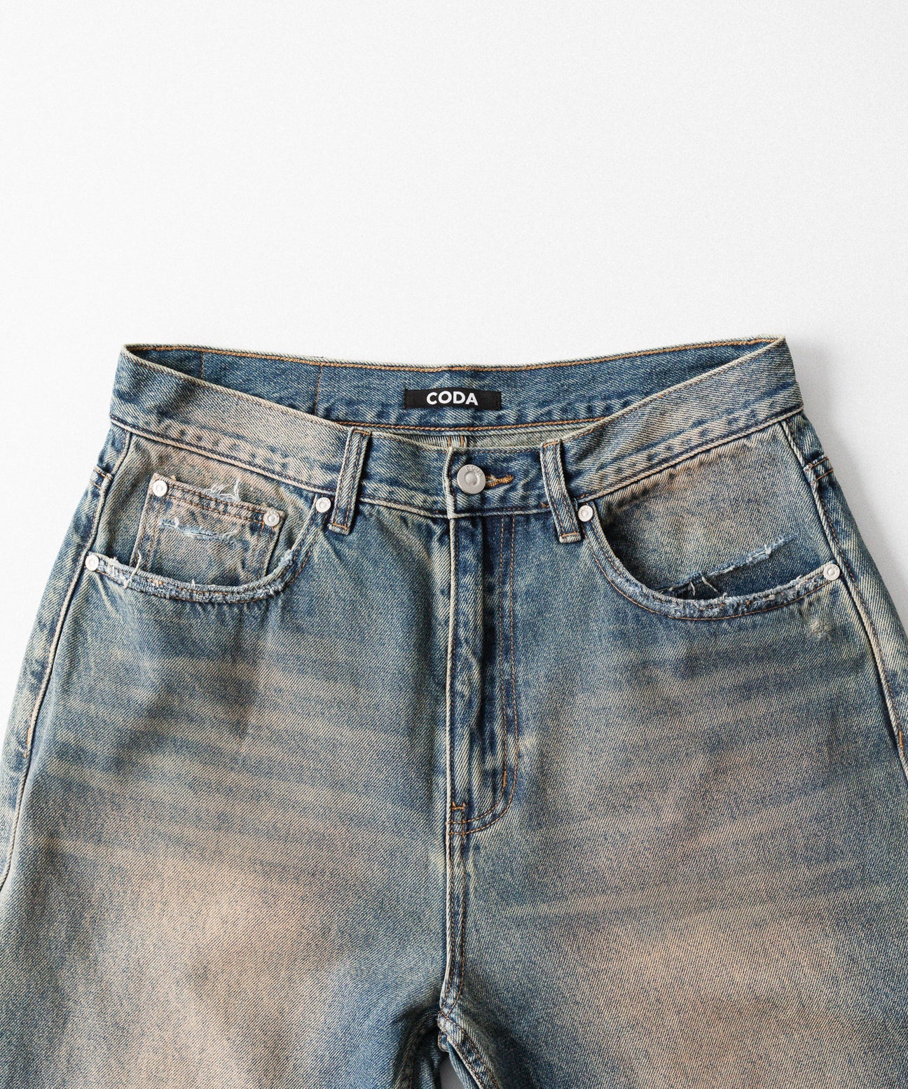 FADED DIRTY INDIGO WASHED BREAK CUT WIDE FLARED JEANS