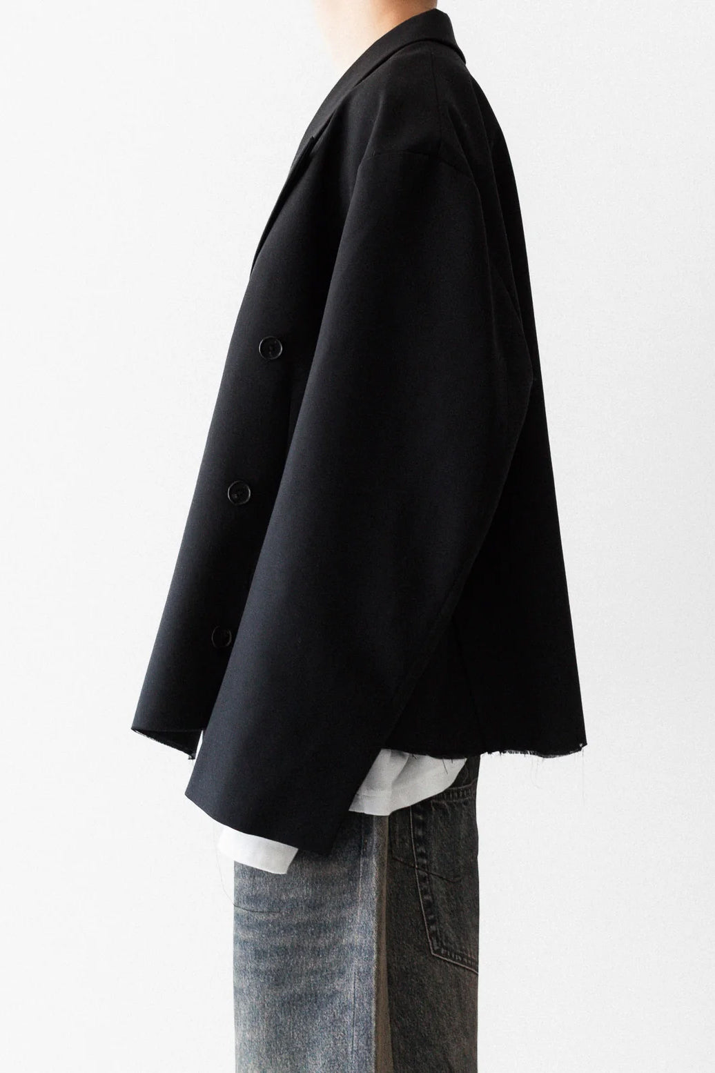 BLACK WOOL CUT OFF DOUBLE BREASTED LENTO BLAZER